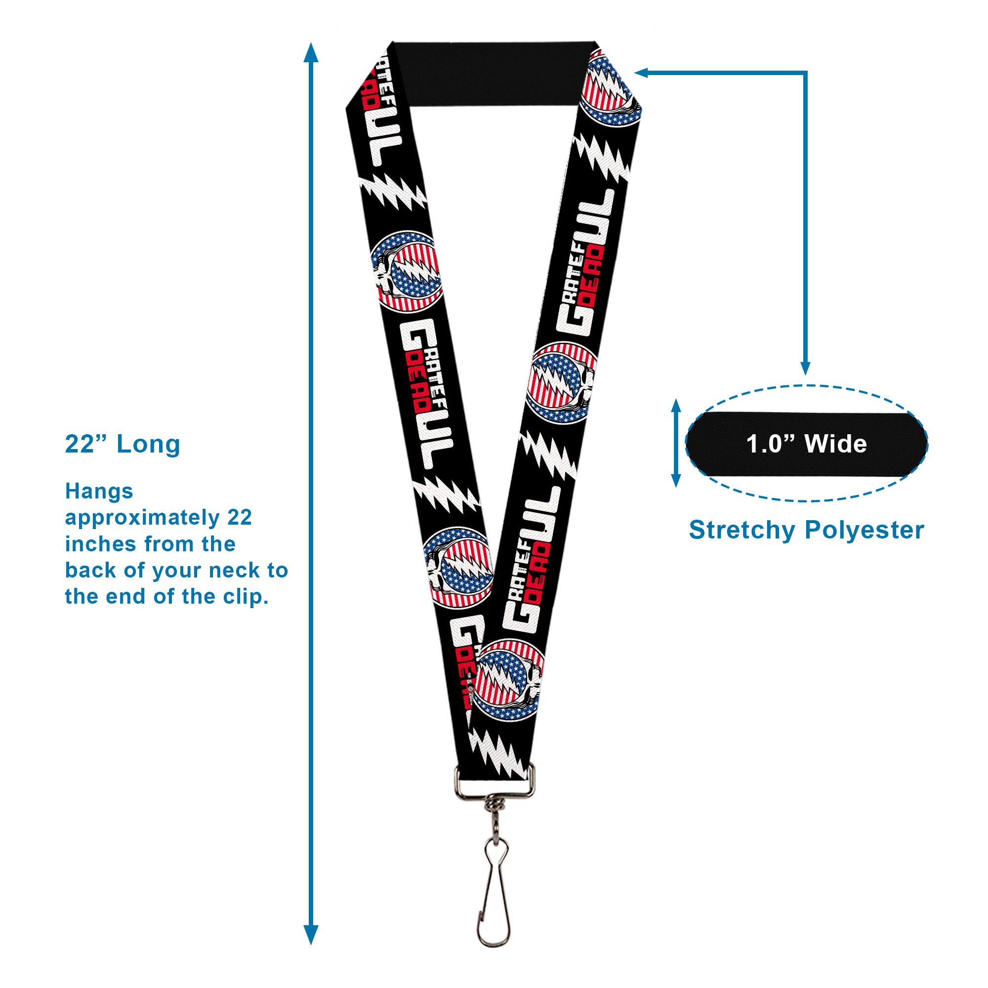 Lanyard - 1.0" - GRATEFUL DEAD Text with Steal Your Face Stars and Stripes Logo Black/White/Red/Blue Lanyards Grateful Dead