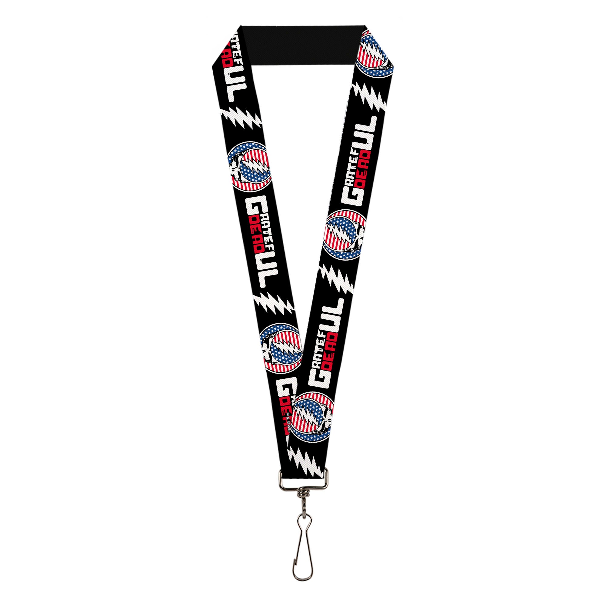 Lanyard - 1.0" - GRATEFUL DEAD Text with Steal Your Face Stars and Stripes Logo Black/White/Red/Blue Lanyards Grateful Dead
