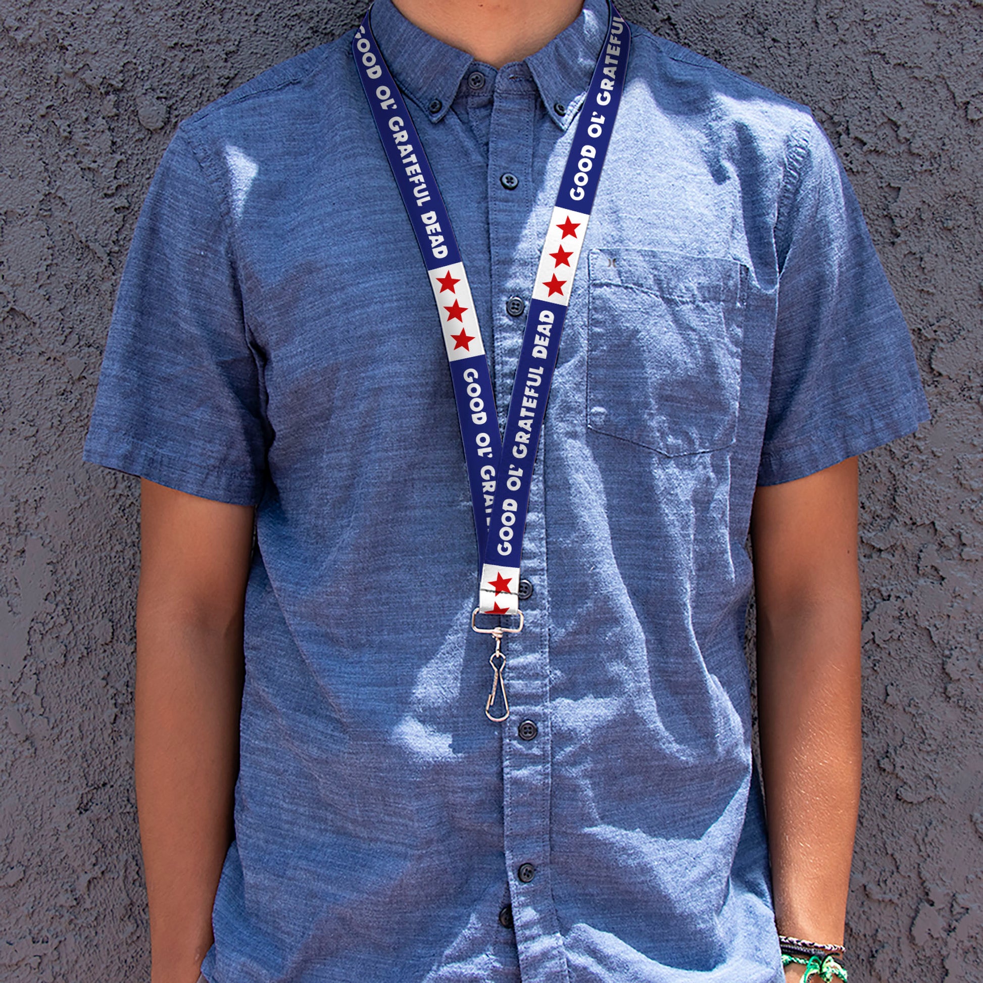 Lanyard - 1.0" - GOOD OL' GRATEFUL DEAD Text and Stars Blue/White/Red Lanyards Grateful Dead