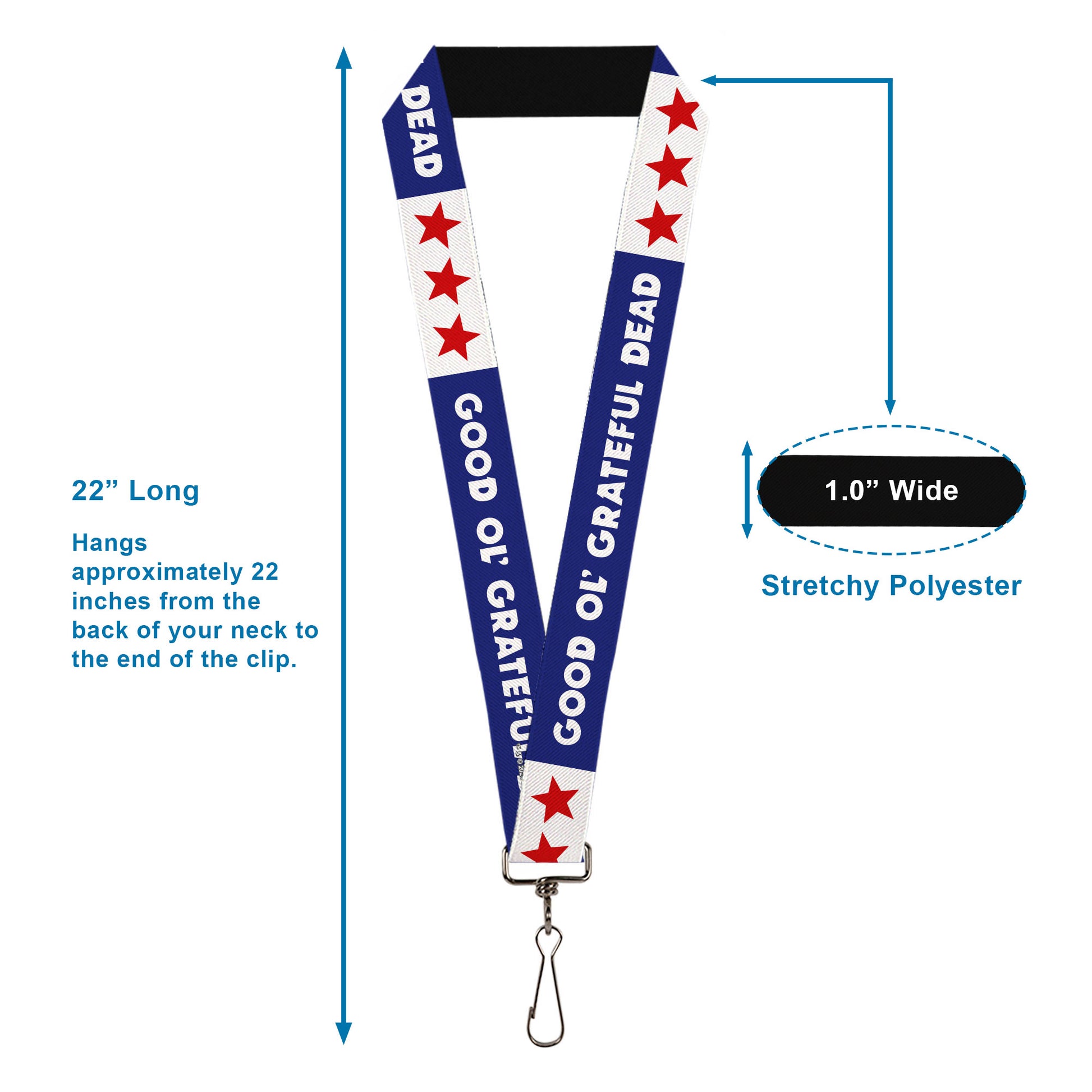 Lanyard - 1.0" - GOOD OL' GRATEFUL DEAD Text and Stars Blue/White/Red Lanyards Grateful Dead