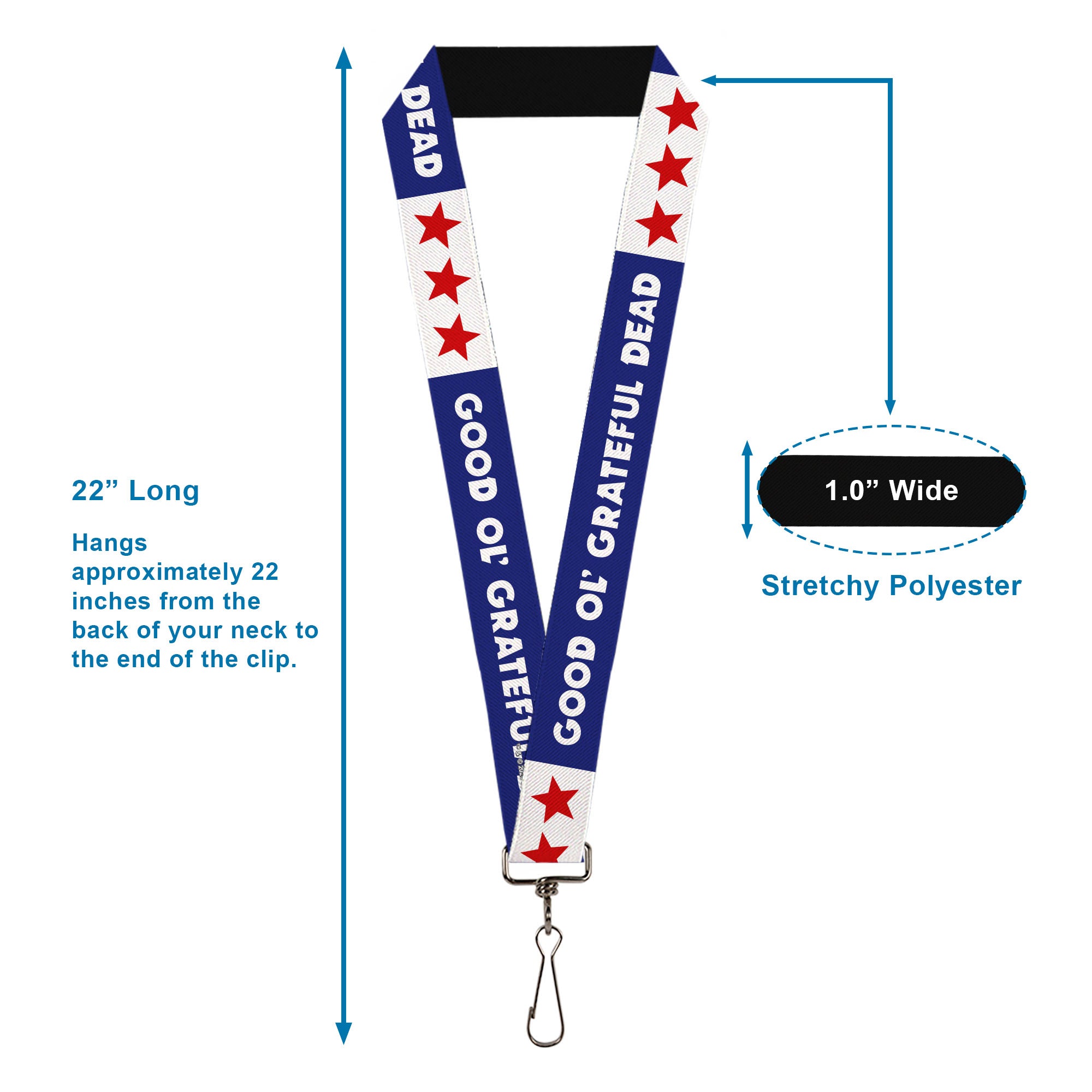 Lanyard - 1.0" - GOOD OL' GRATEFUL DEAD Text and Stars Blue/White/Red Lanyards Grateful Dead