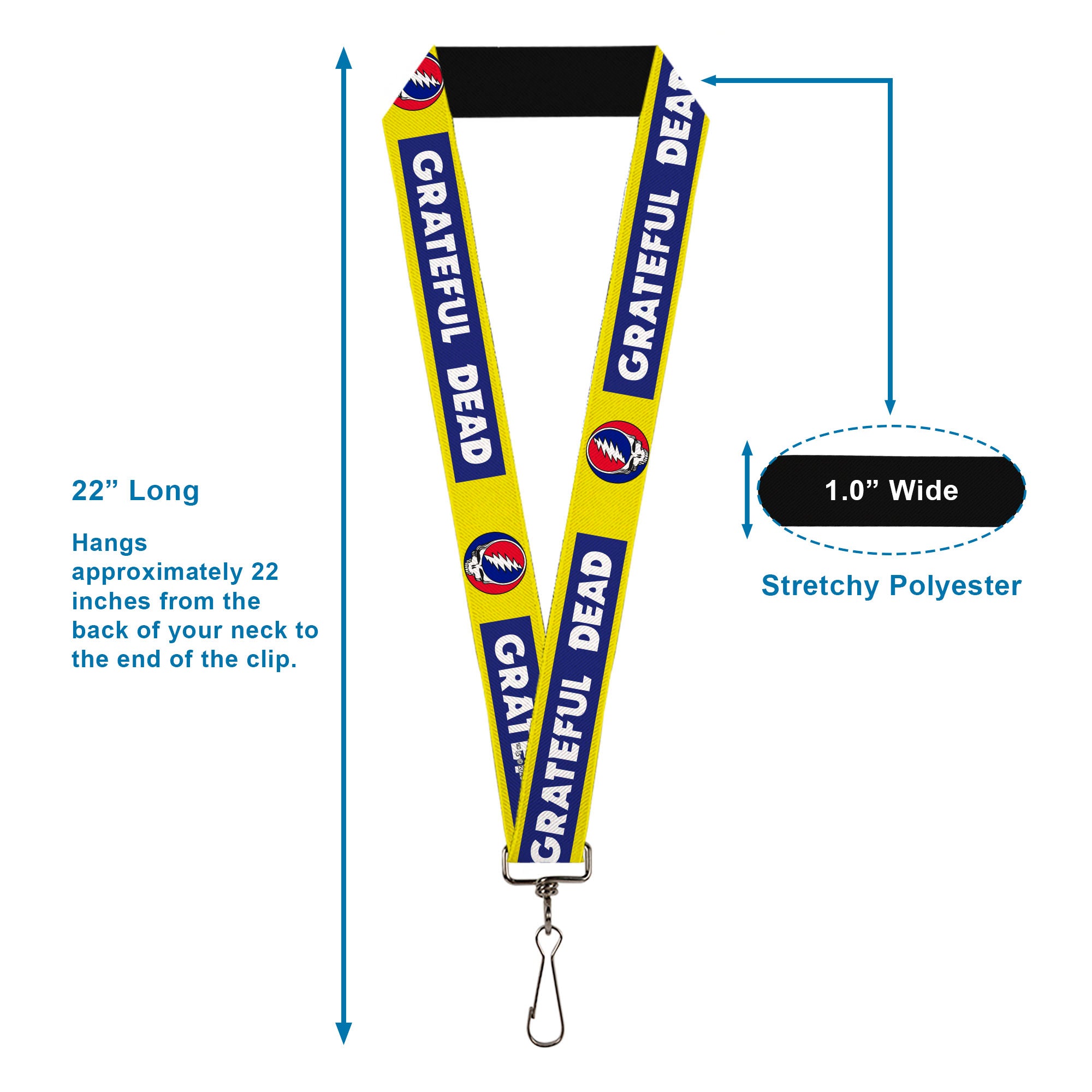 Lanyard - 1.0" - GRATEFUL DEAD Text Box and Steal Your Face Logo Yellow/Blue/White Lanyards Grateful Dead