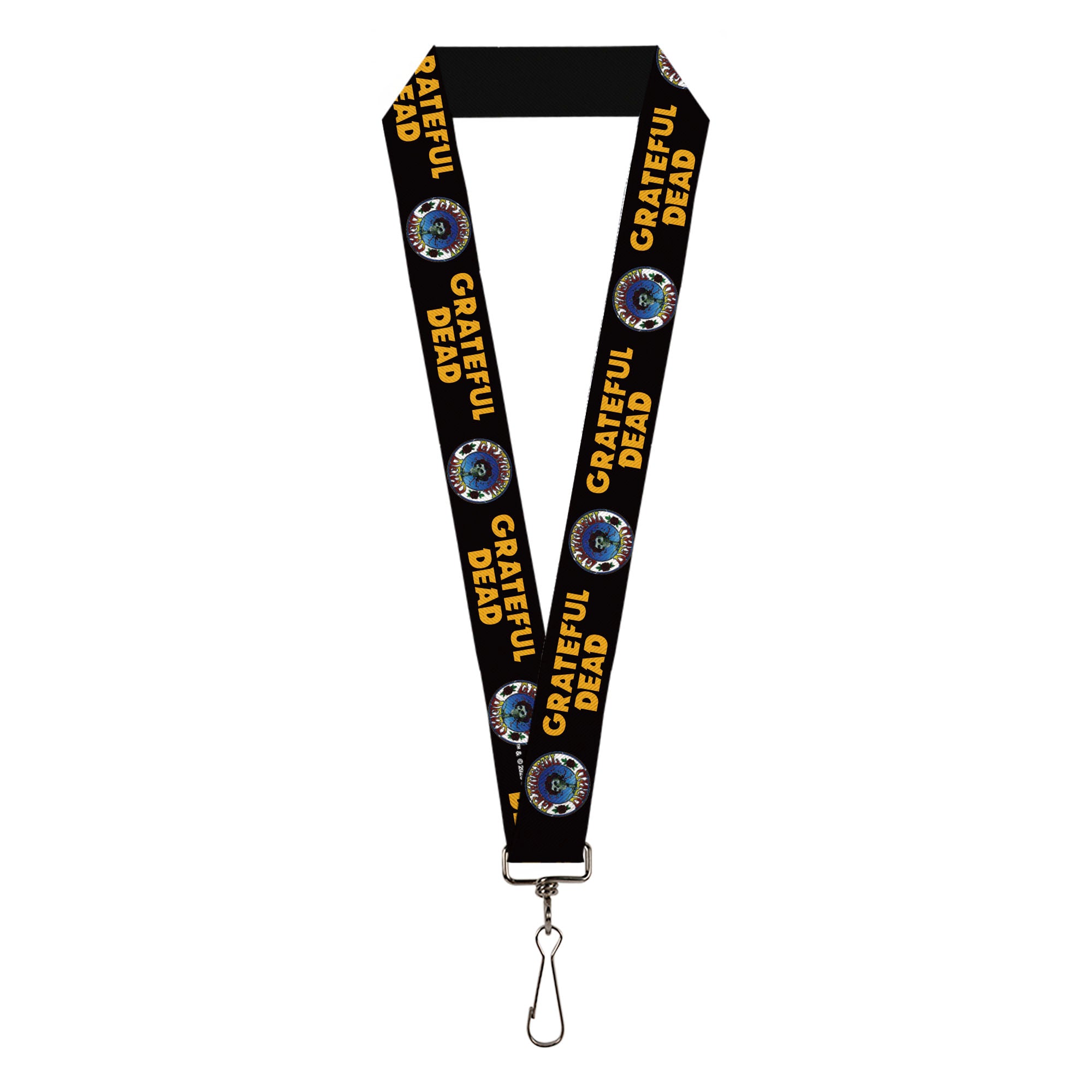 Lanyard - 1.0" - GRATEFUL DEAD Text and Skull and Roses Round Logo Black/Yellow Lanyards Grateful Dead