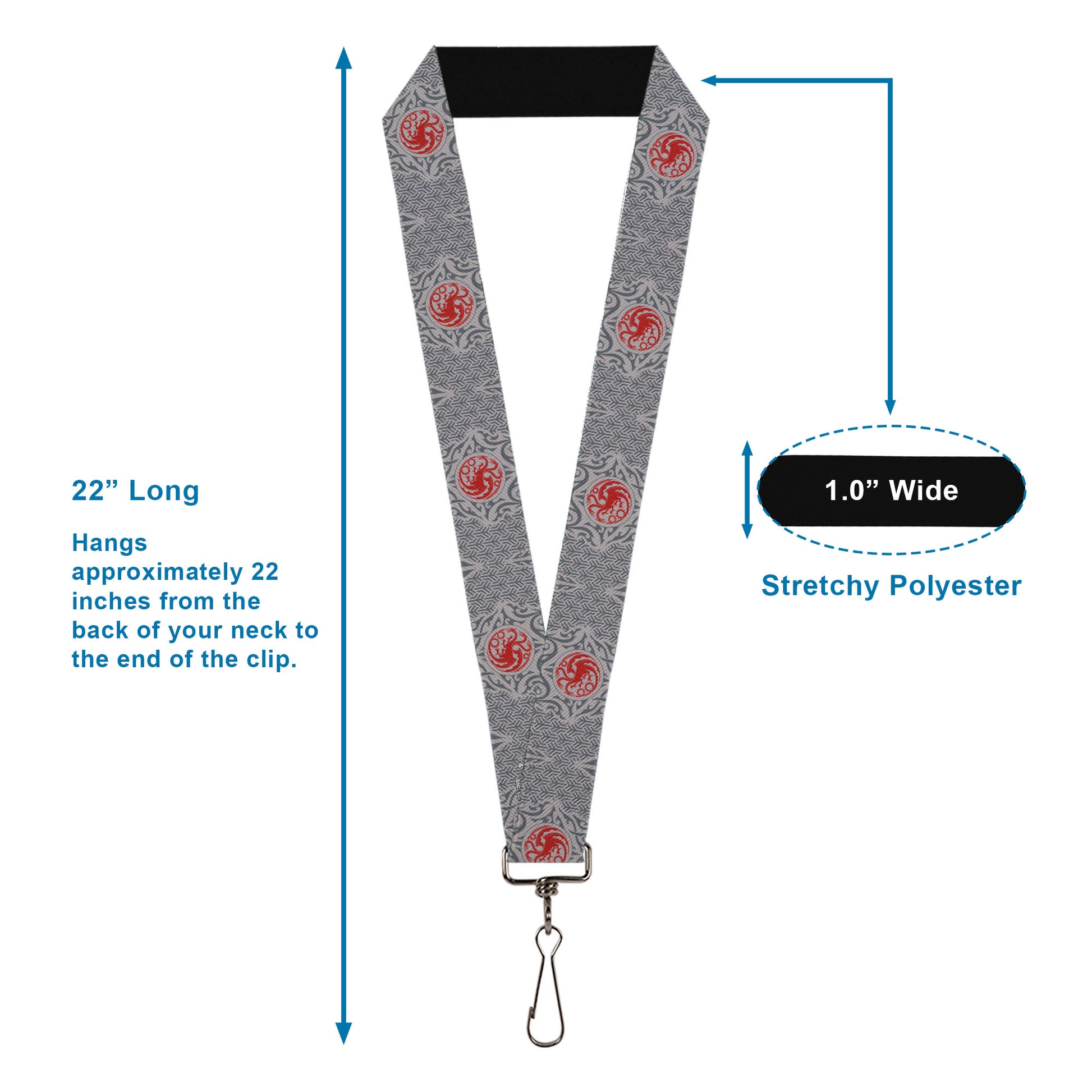Lanyard - 1.0" - House of the Dragon Targaryen Sigil Four-Legged Dragon Grays/Red Lanyards House of the Dragon