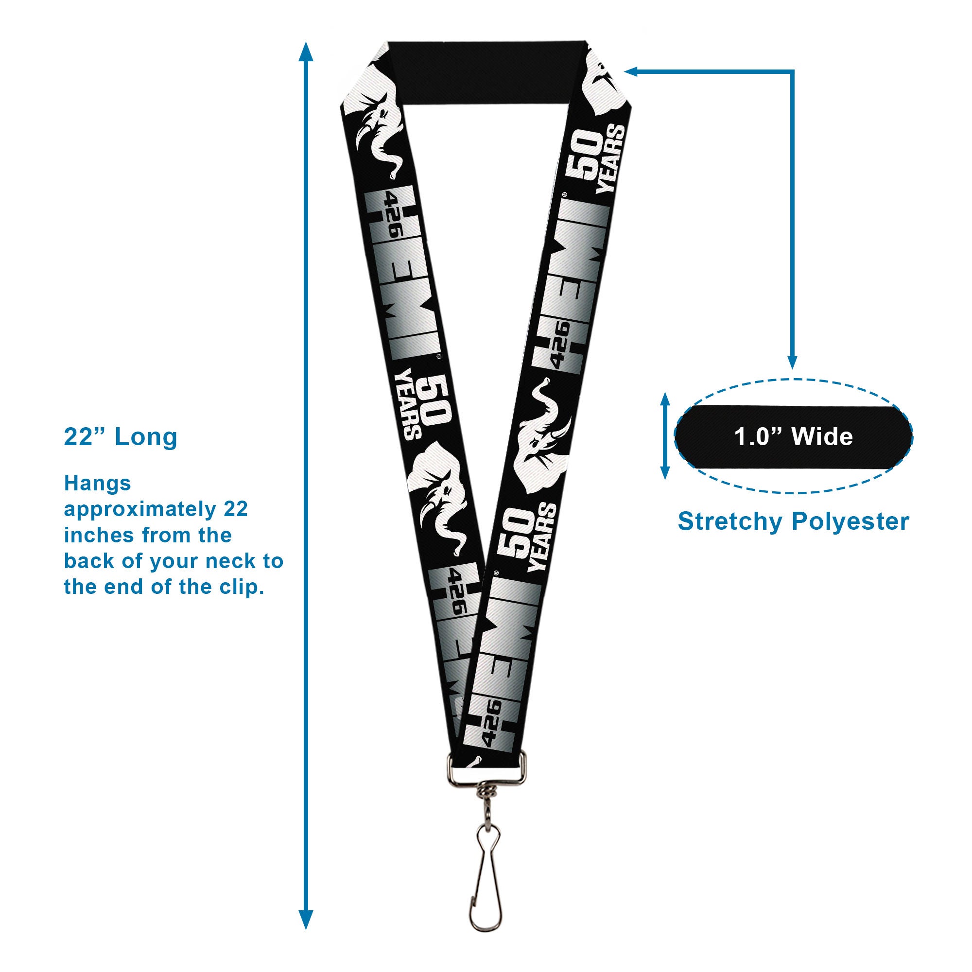 Lanyard - 1.0" - HEMI 426 Elephant Logo 50 YEARS Black White Silver-Fade Lanyards Hemi