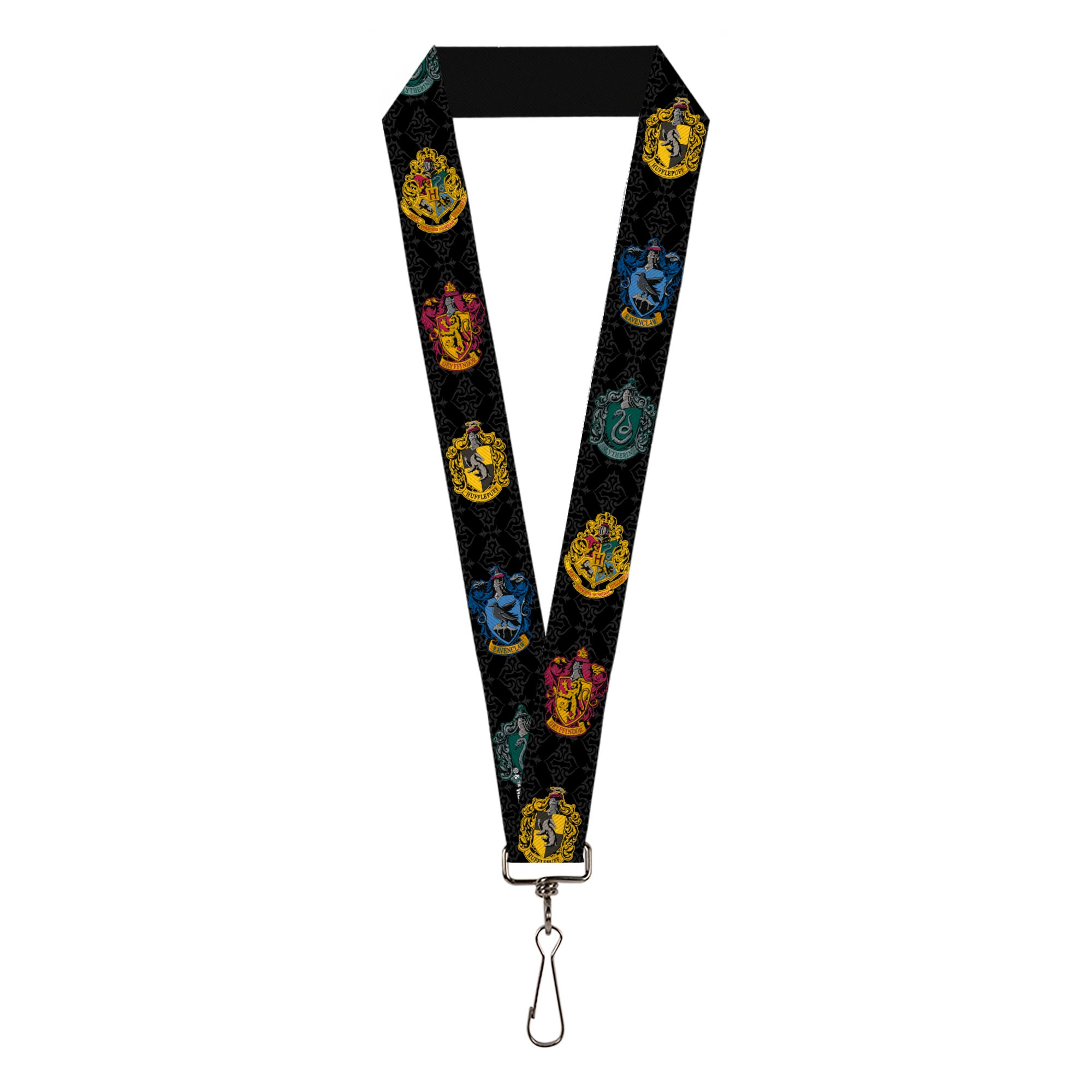 Lanyard - 1.0" - Hogwarts & 4-House Crests Filigree Black Gray Lanyards Harry Potter