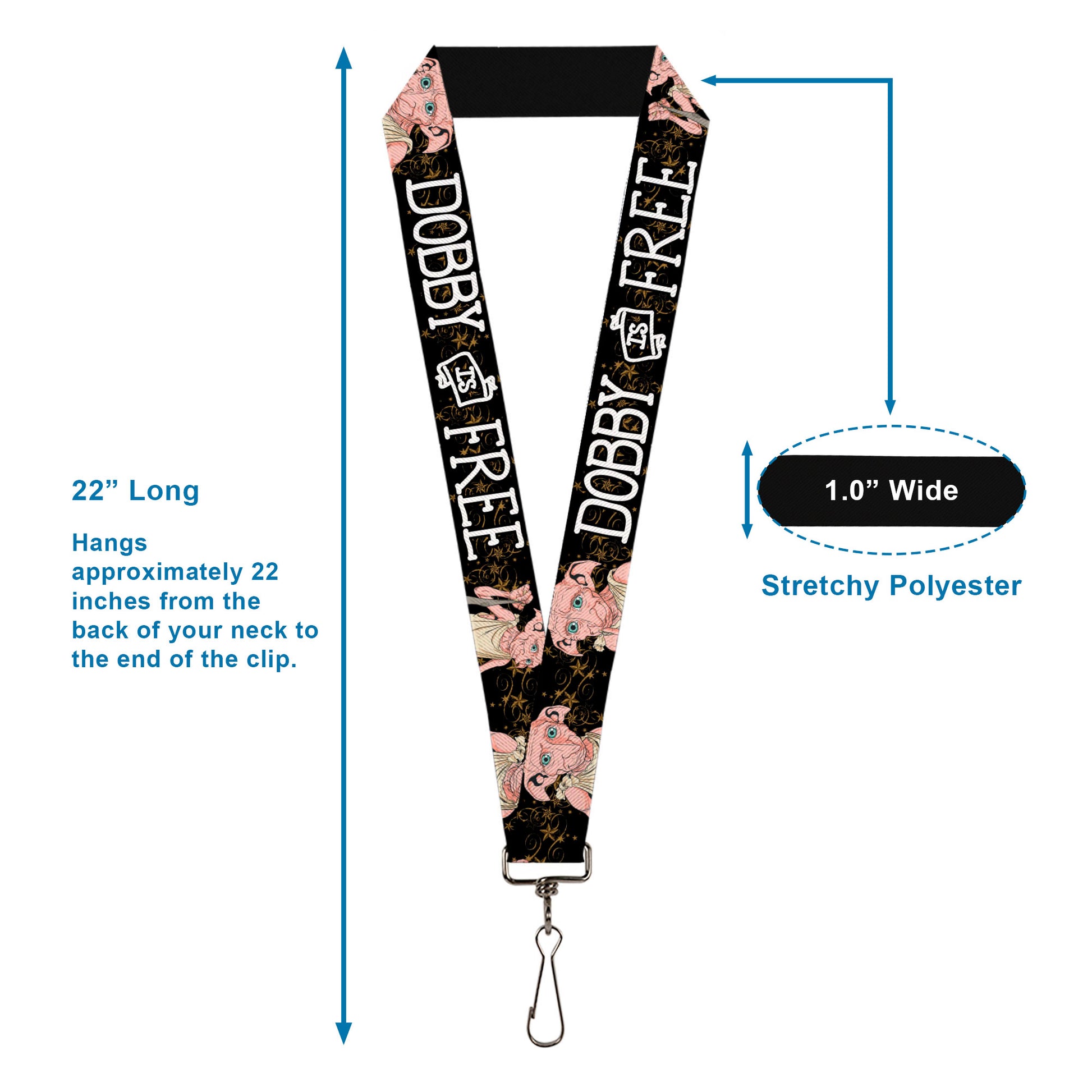 Lanyard - 1.0" - DOBBY IS FREE 3-Dobby Poses Star Swirls Black Gold White Lanyards Harry Potter