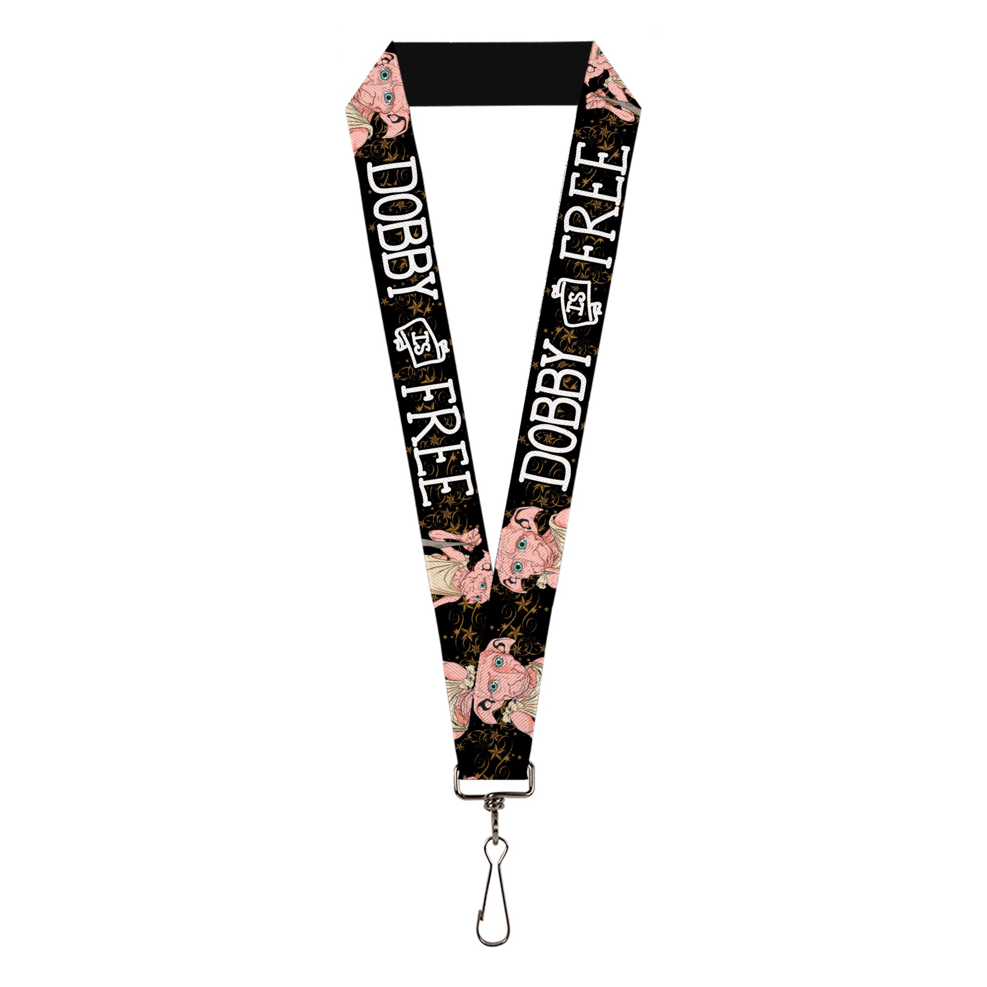 Lanyard - 1.0" - DOBBY IS FREE 3-Dobby Poses Star Swirls Black Gold White Lanyards Harry Potter