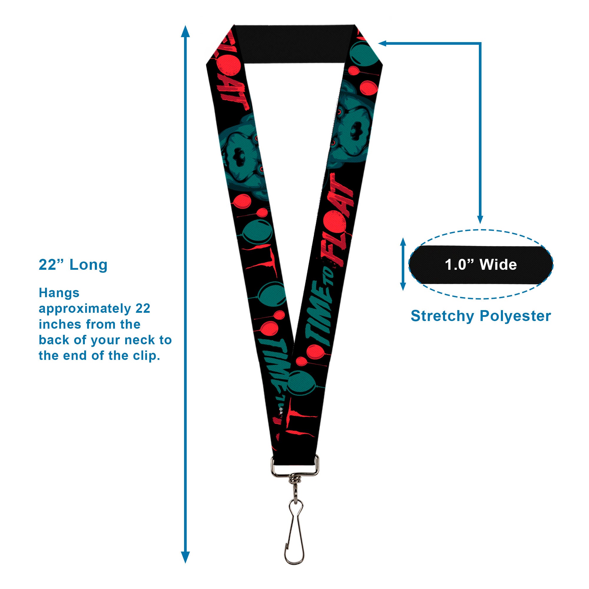 Lanyard - 1.0" - IT Pennywise Face and Balloons TIME TO FLOAT Black/Blues/Reds Lanyards IT