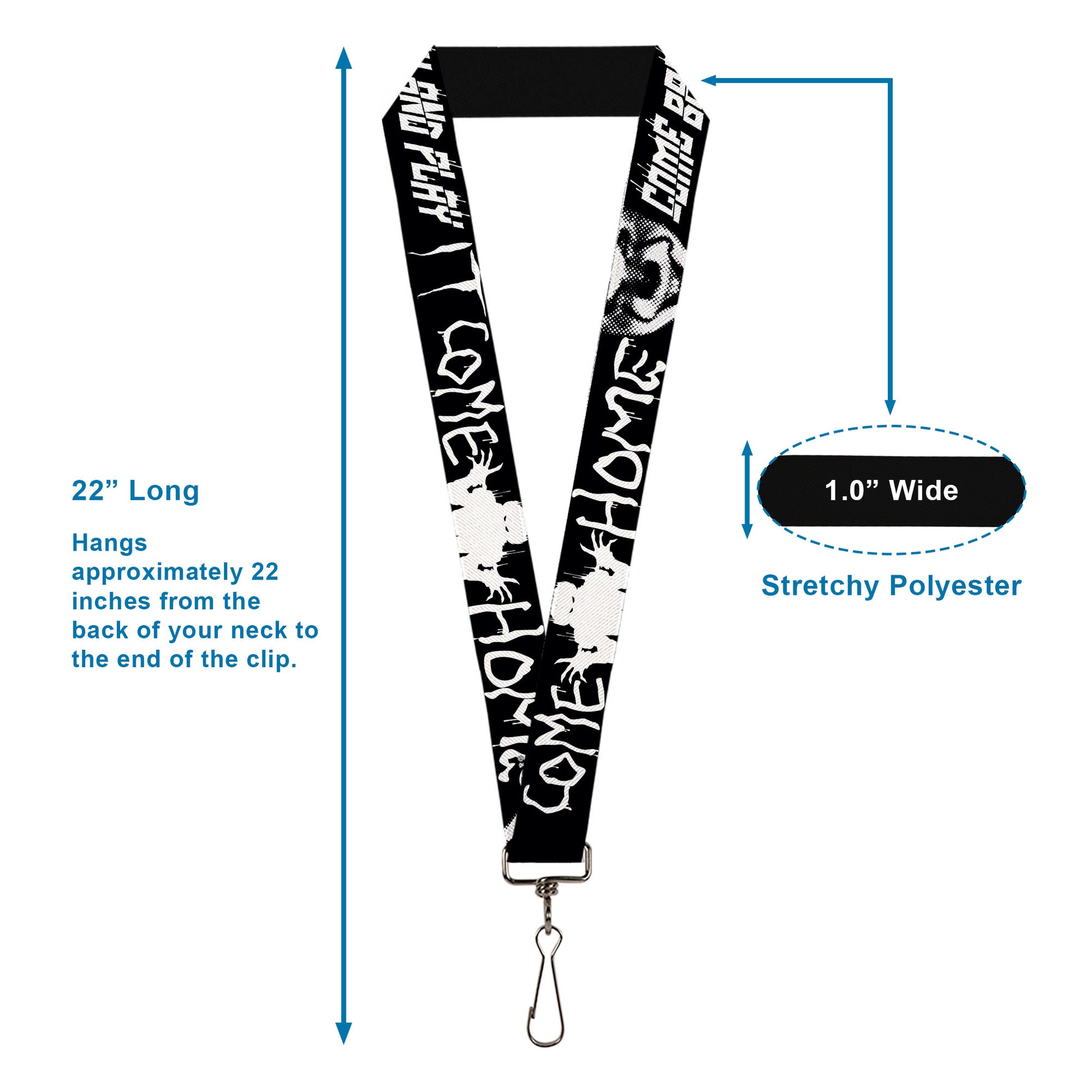 Lanyard - 1.0" - IT Pennywise Face Close-Up COME HOME-COME BACK AND PLAY Black/White Lanyards IT
