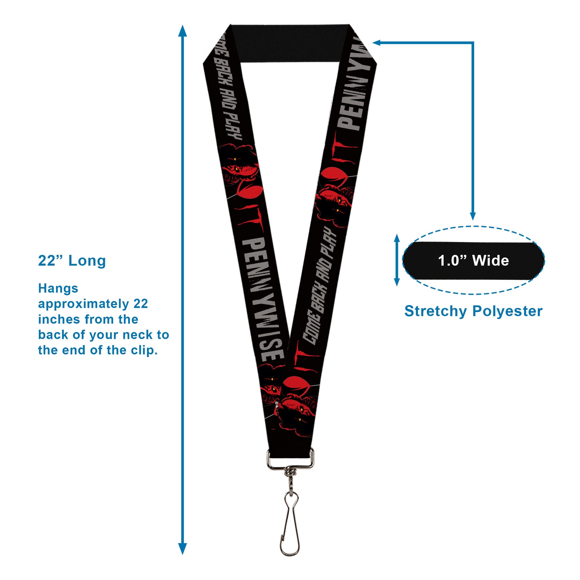 Lanyard - 1.0" - IT Pennywise Face COME BACK AND PLAY Black/Red/Gray Lanyards IT