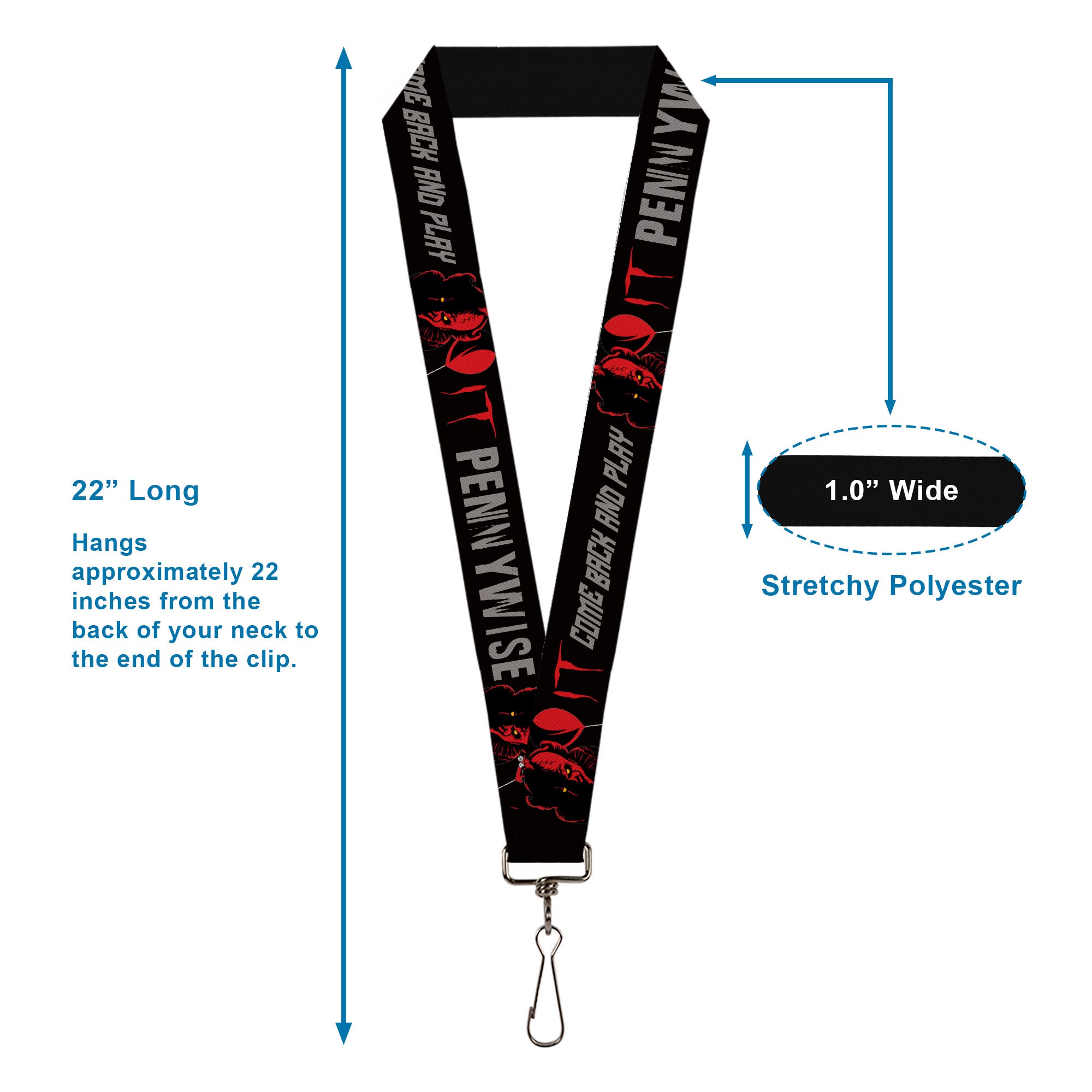 Lanyard - 1.0" - IT Pennywise Face COME BACK AND PLAY Black/Red/Gray Lanyards IT