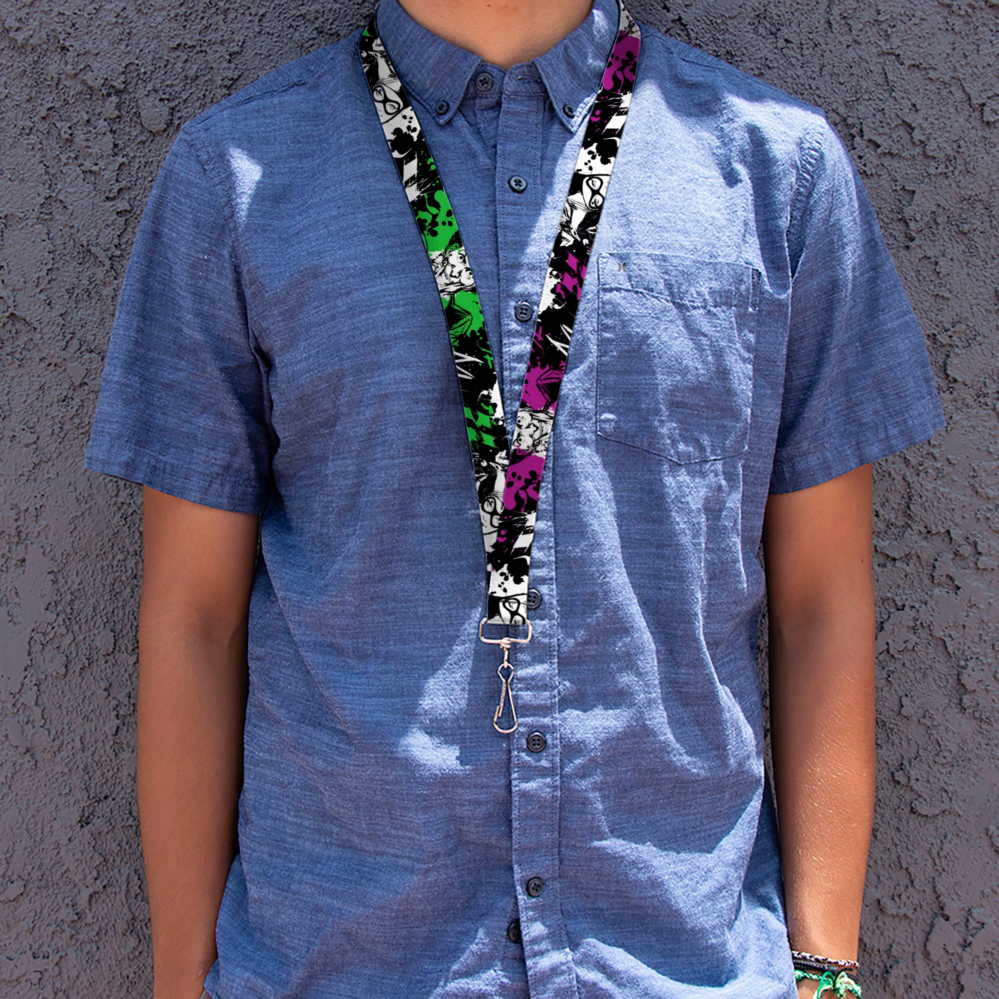 Lanyard - 1.0" - Joker Smiling Harley Quinn Eyes Splatter Black White Purple Green Lanyards DC Comics