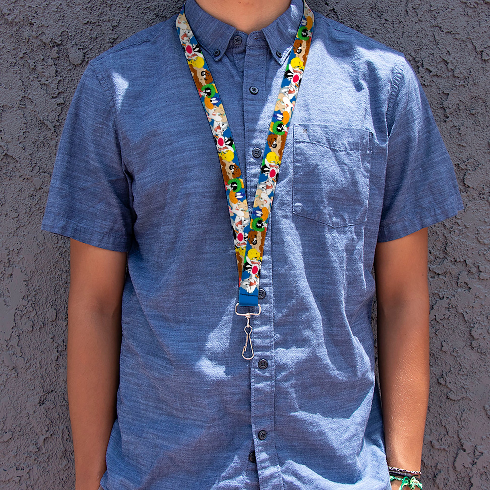 Lanyard - 1.0" - Looney Tunes Seven Character Faces Stacked Blue Lanyards Looney Tunes