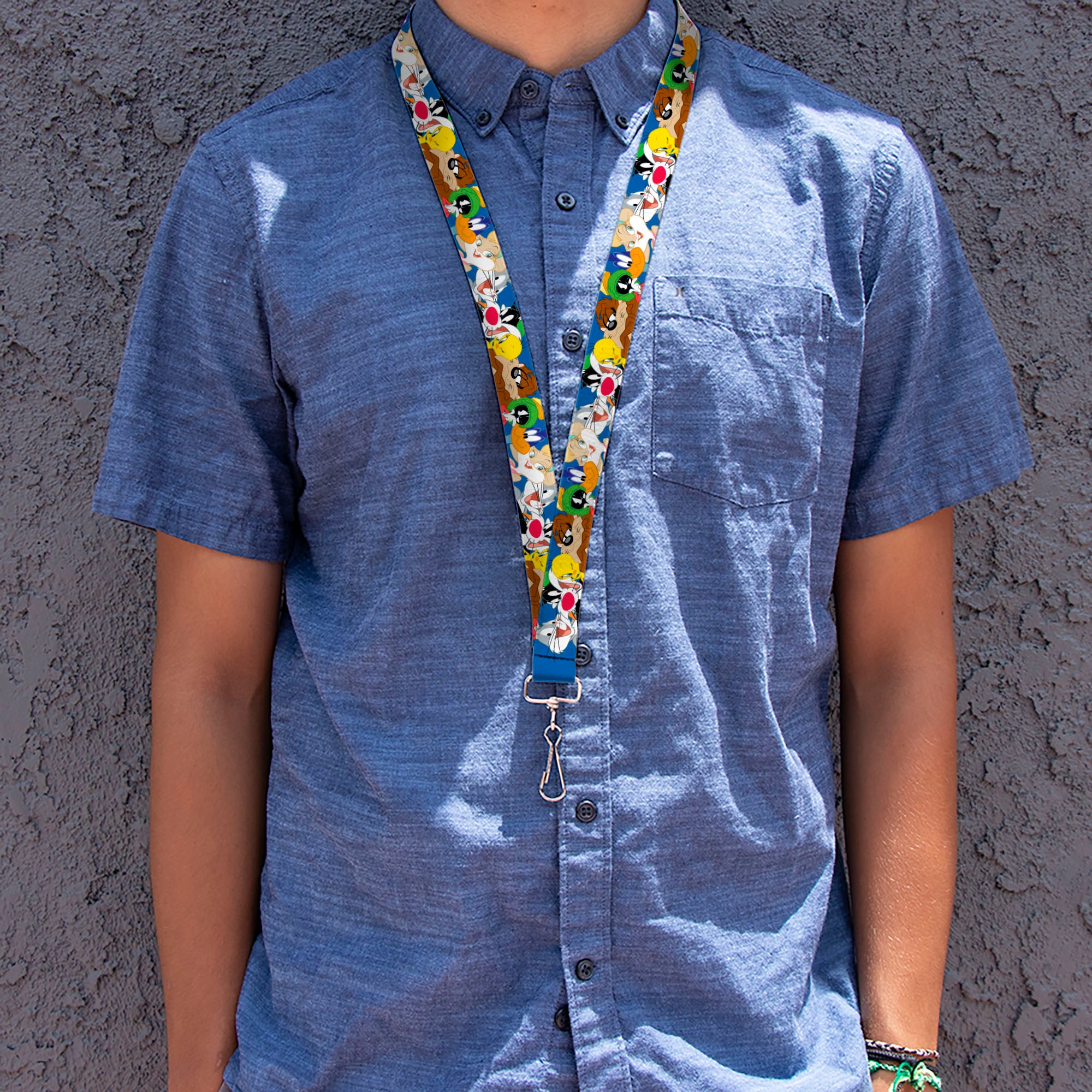 Lanyard - 1.0" - Looney Tunes Seven Character Faces Stacked Blue Lanyards Looney Tunes