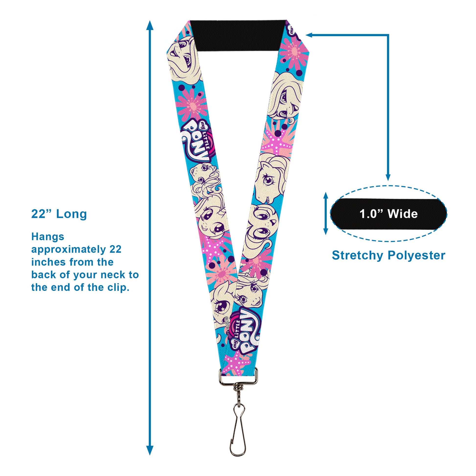 Lanyard - 1.0" - MY LITTLE PONY Pony Faces Flowers and Title Logo Blue/Pinks/White Lanyards My Little Pony