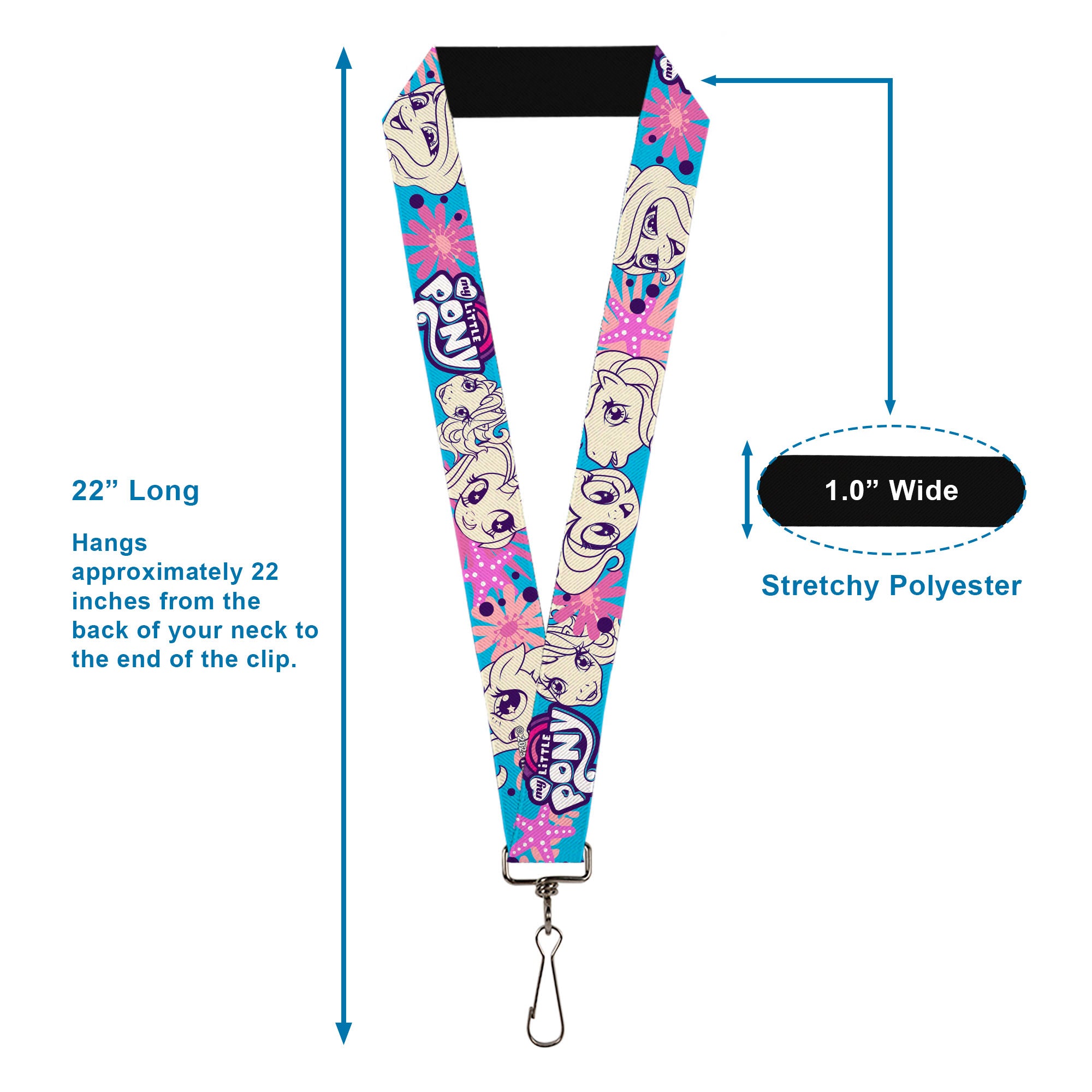 Lanyard - 1.0" - MY LITTLE PONY Pony Faces Flowers and Title Logo Blue/Pinks/White Lanyards My Little Pony