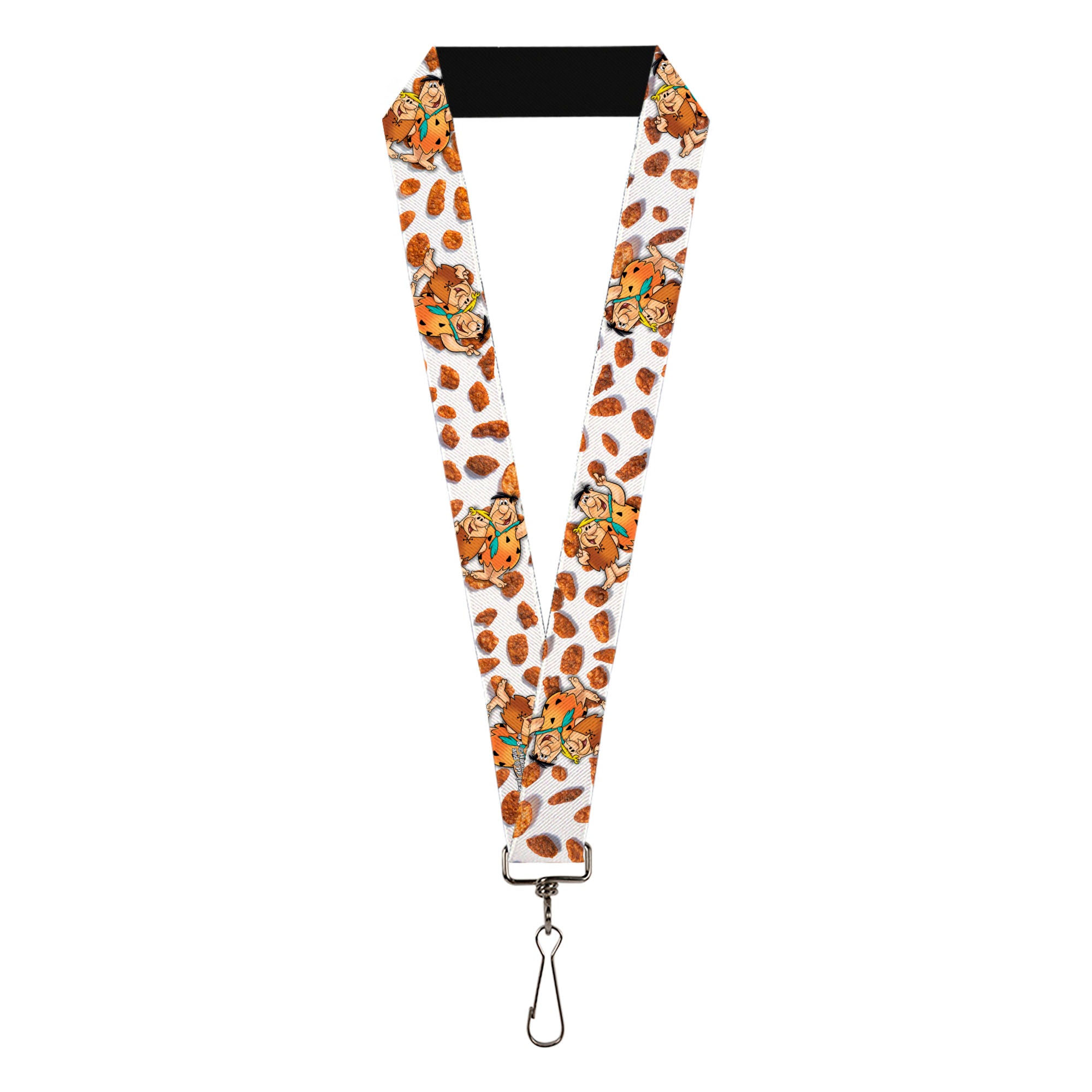 Lanyard - 1.0" - Cocoa Pebbles Fred Flintstone and Barney Rubble Hugging Pose and Cereal Pebbles Scattered White/Browns Lanyards The Flintstones