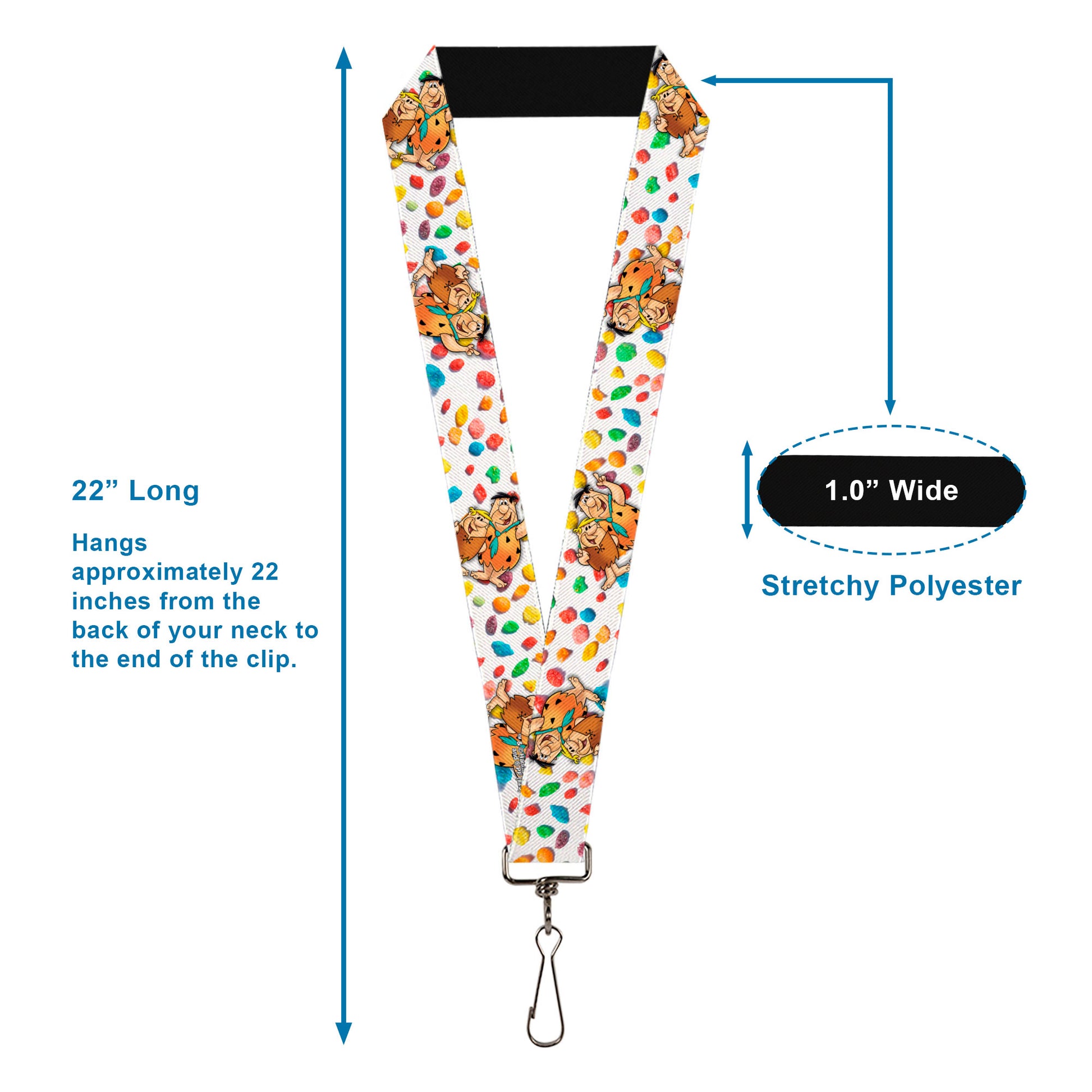 Lanyard - 1.0" - Fruity Pebbles Fred Flintstone and Barney Rubble Hugging Pose and Cereal Pebbles Scattered White/Multi Color Lanyards The Flintstones