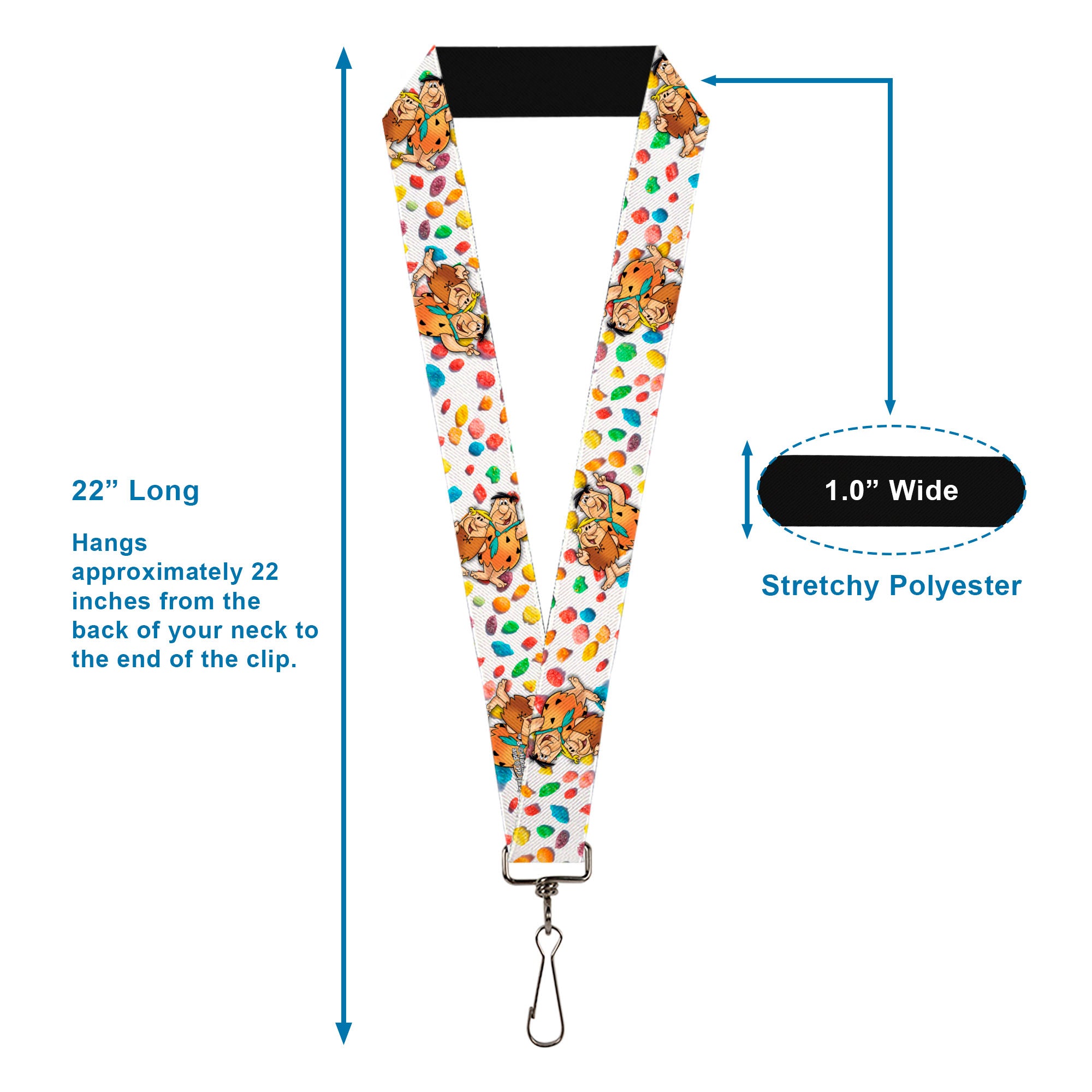 Lanyard - 1.0" - Fruity Pebbles Fred Flintstone and Barney Rubble Hugging Pose and Cereal Pebbles Scattered White/Multi Color Lanyards The Flintstones