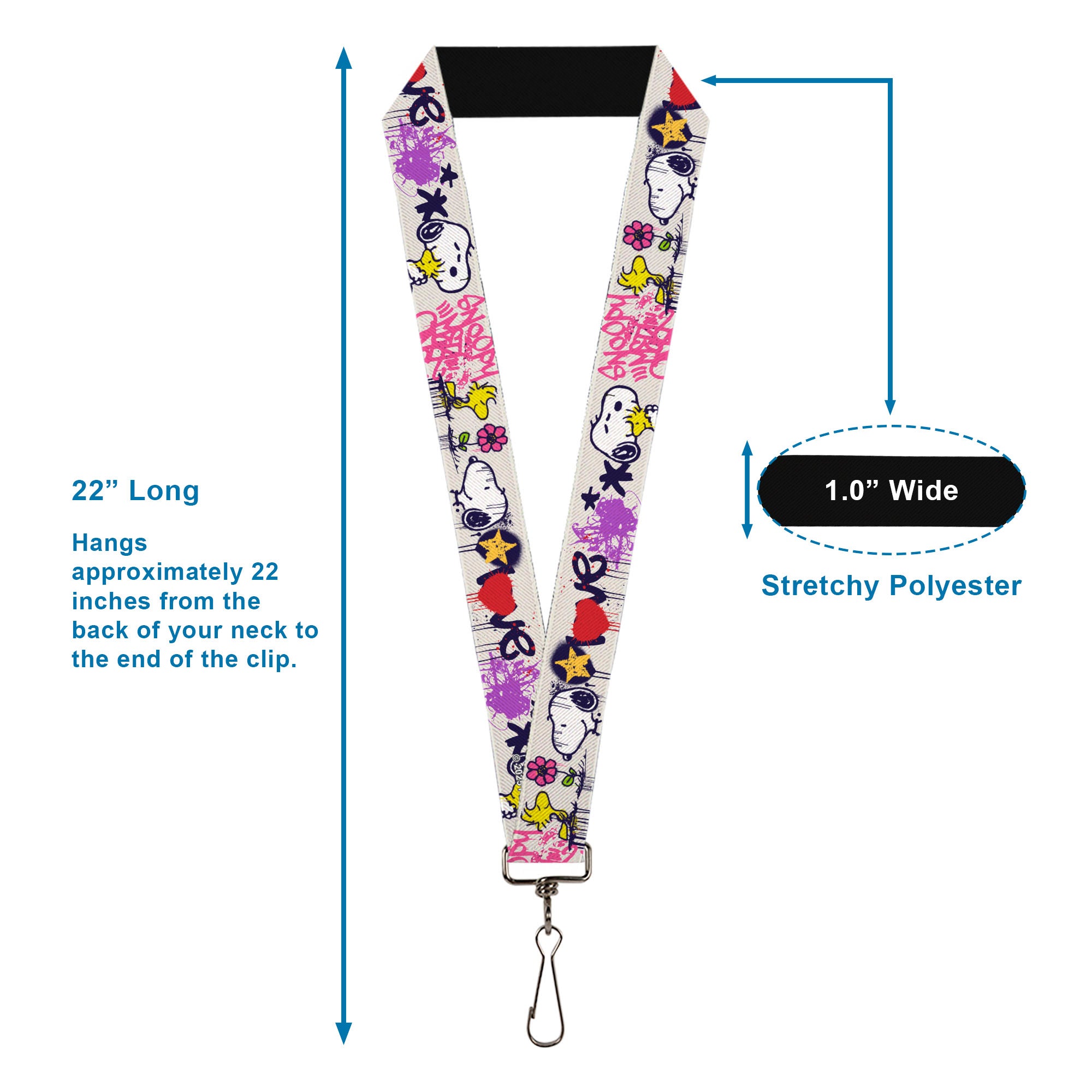 Lanyard - 1.0" - Peanuts Snoopy and Woodstock Graffiti Collage White/Multi Color Lanyards Peanuts