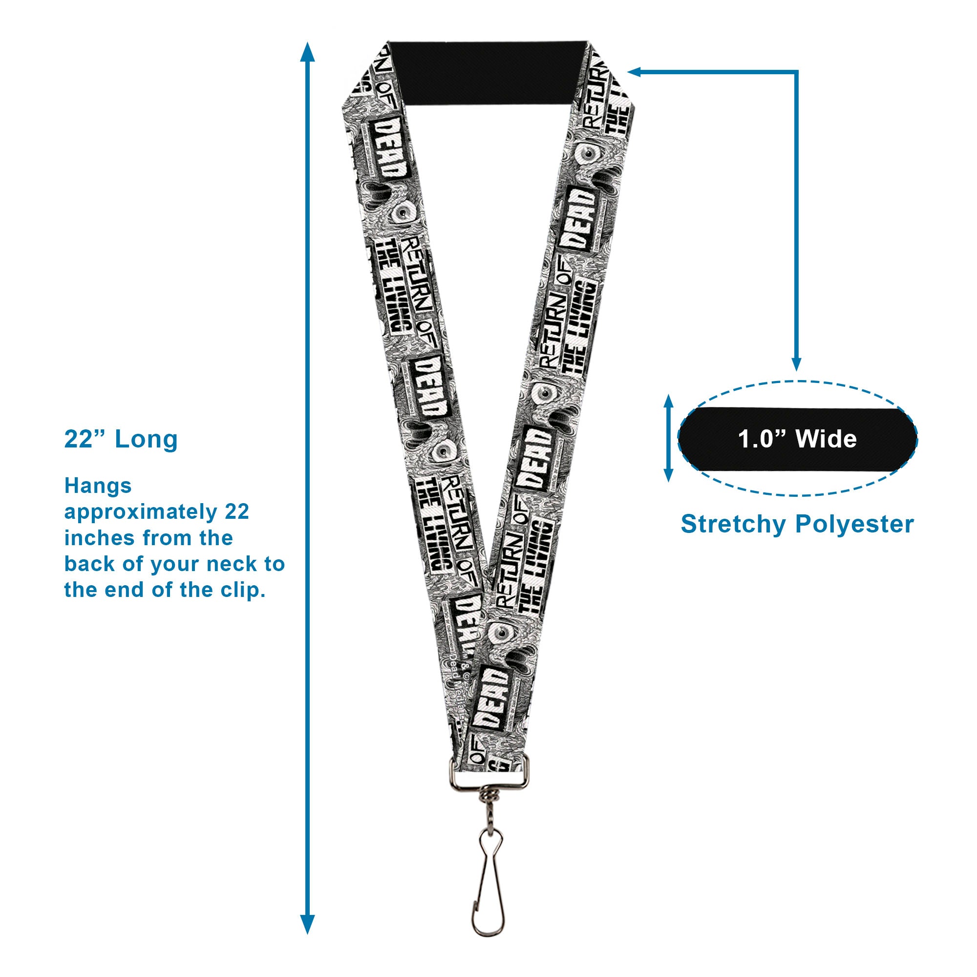 Lanyard - 1.0" - RETURN OF THE LIVING DEAD Text Blocks and Zombie Eye White/Black Lanyards Living Dead Media LLC