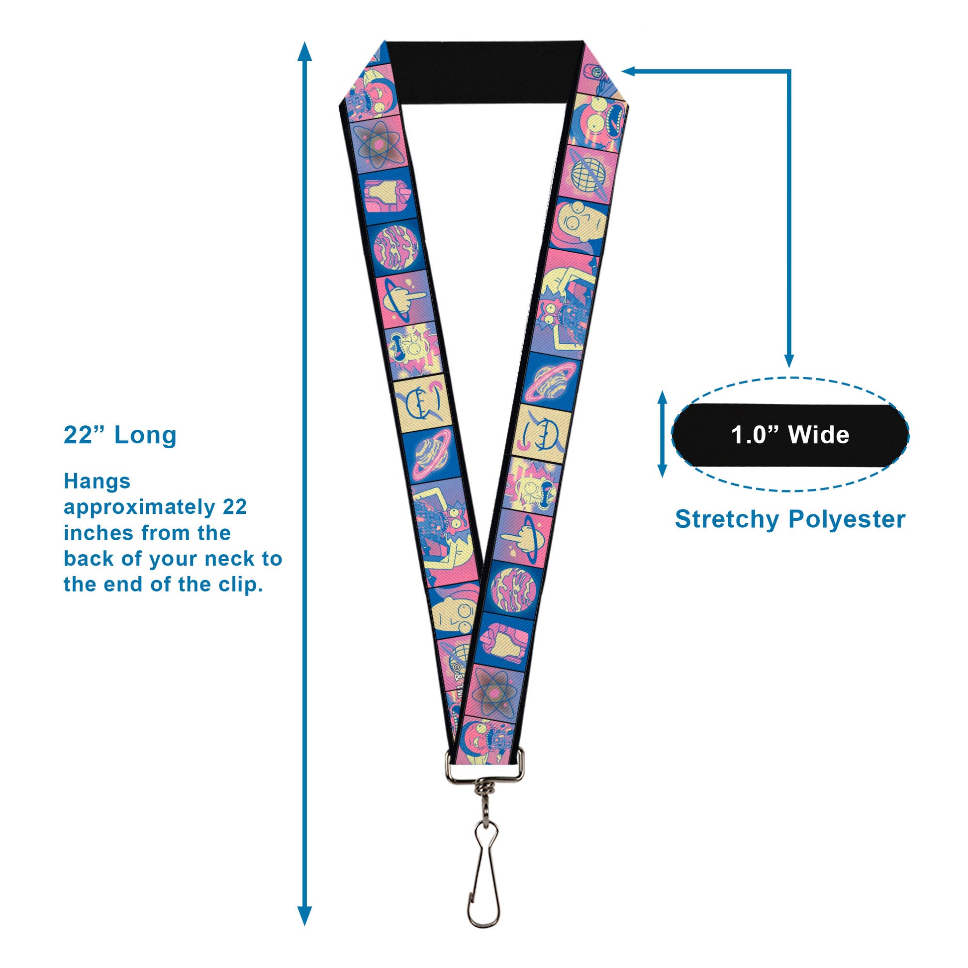 Lanyard - 1.0" - Rick and Morty Character Pose and Icon Blocks Pinks/Blues Lanyards Rick and Morty