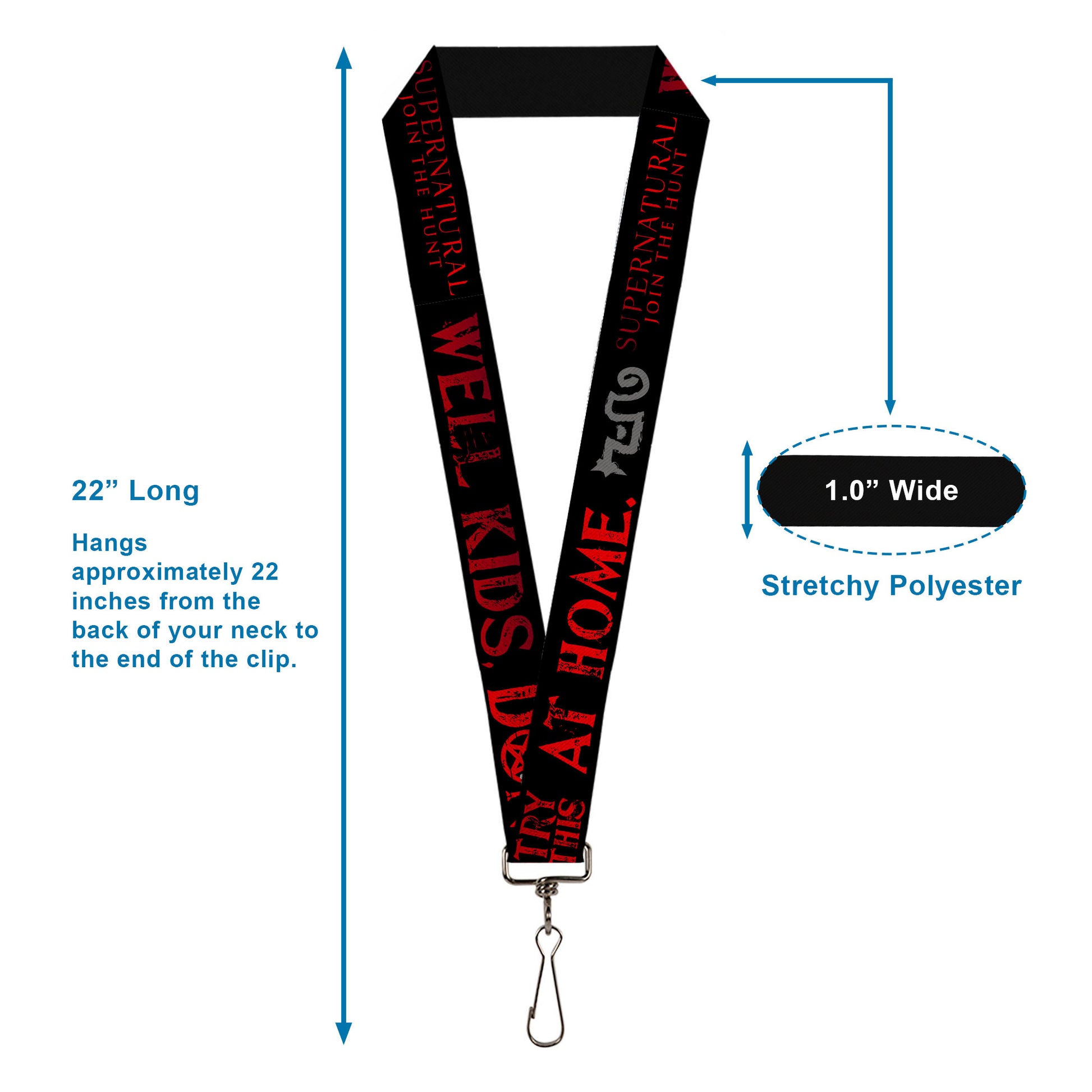 Lanyard - 1.0" - Supernatural DON'T TRY THIS AT HOME Quote and Icons Black/Red/Gray Lanyards Supernatural