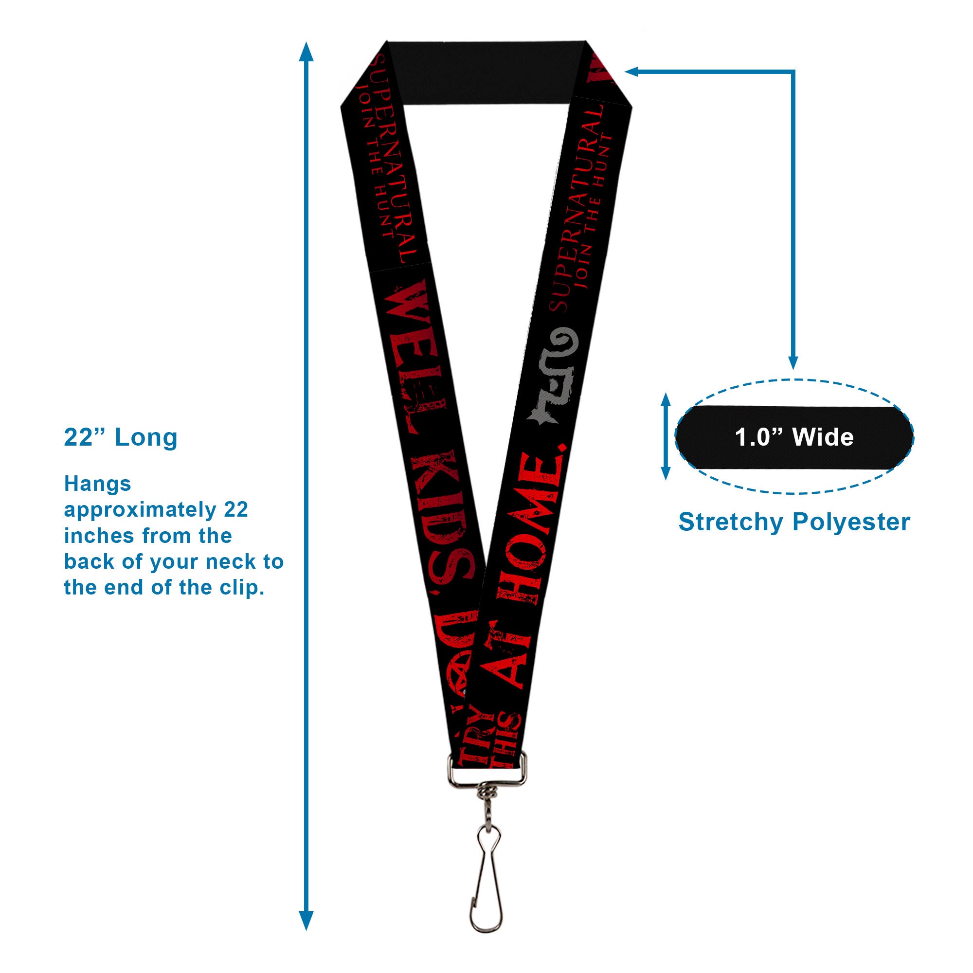 Lanyard - 1.0" - Supernatural DON'T TRY THIS AT HOME Quote and Icons Black/Red/Gray Lanyards Supernatural