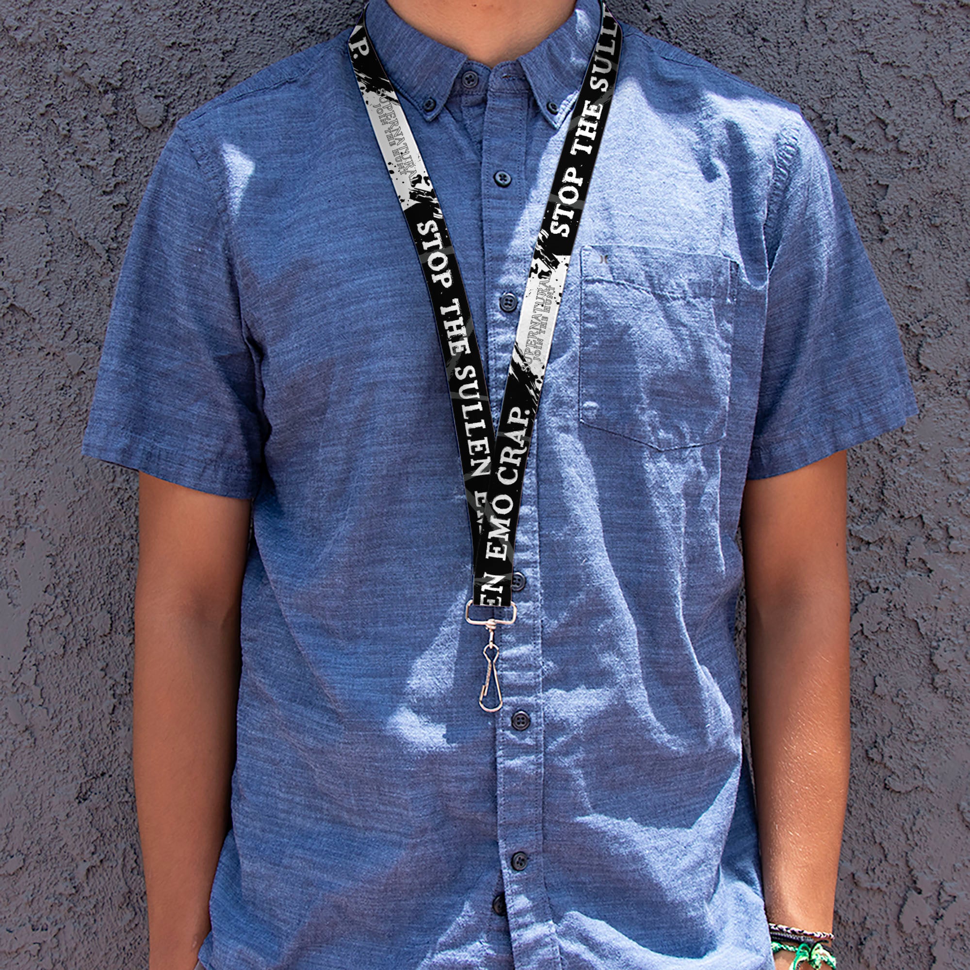 Lanyard - 1.0" - SUPERNATURAL Title Logo STOP WITH THE SULLEN EMO CRAP Quote Black/White Lanyards Supernatural