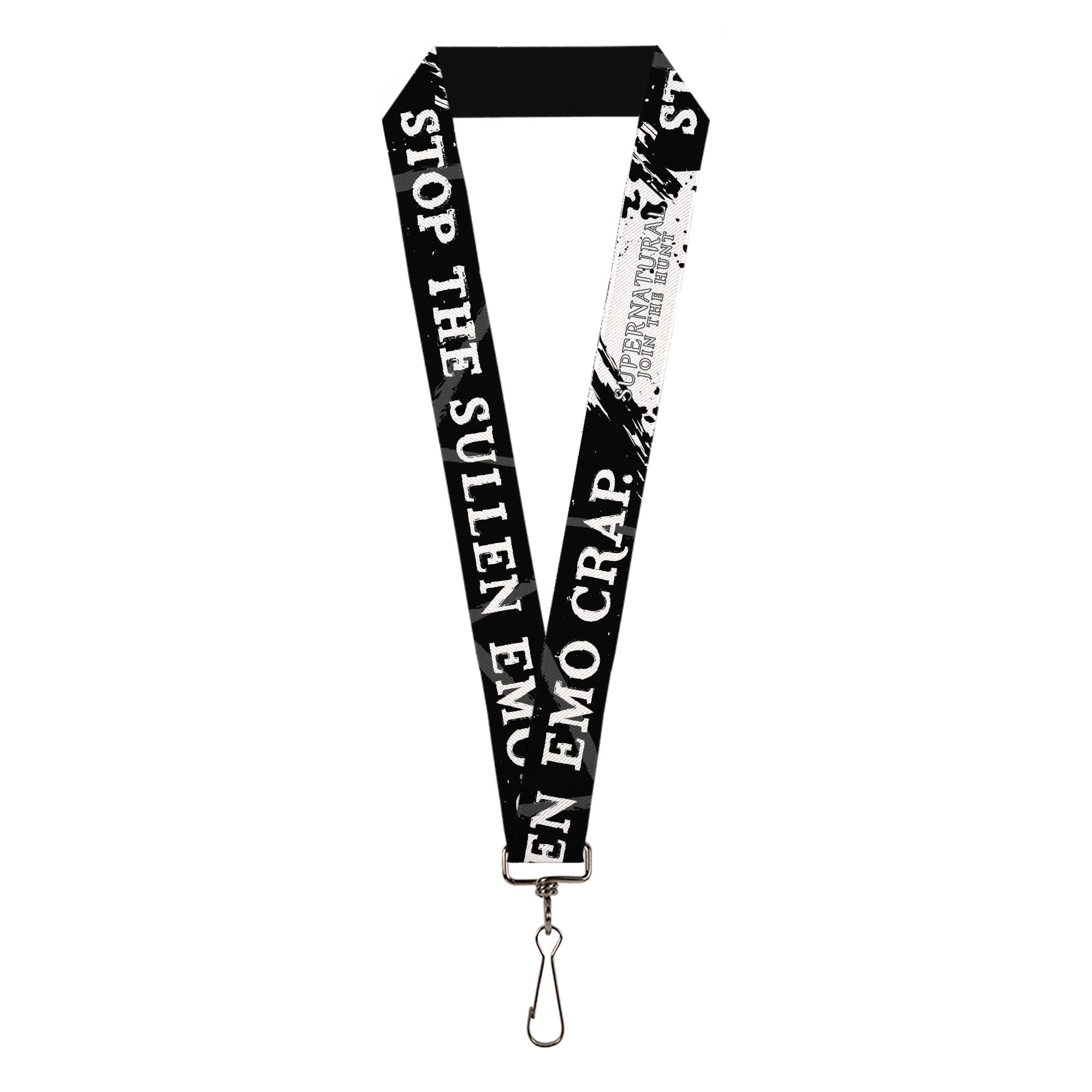 Lanyard - 1.0" - SUPERNATURAL Title Logo STOP WITH THE SULLEN EMO CRAP Quote Black/White Lanyards Supernatural