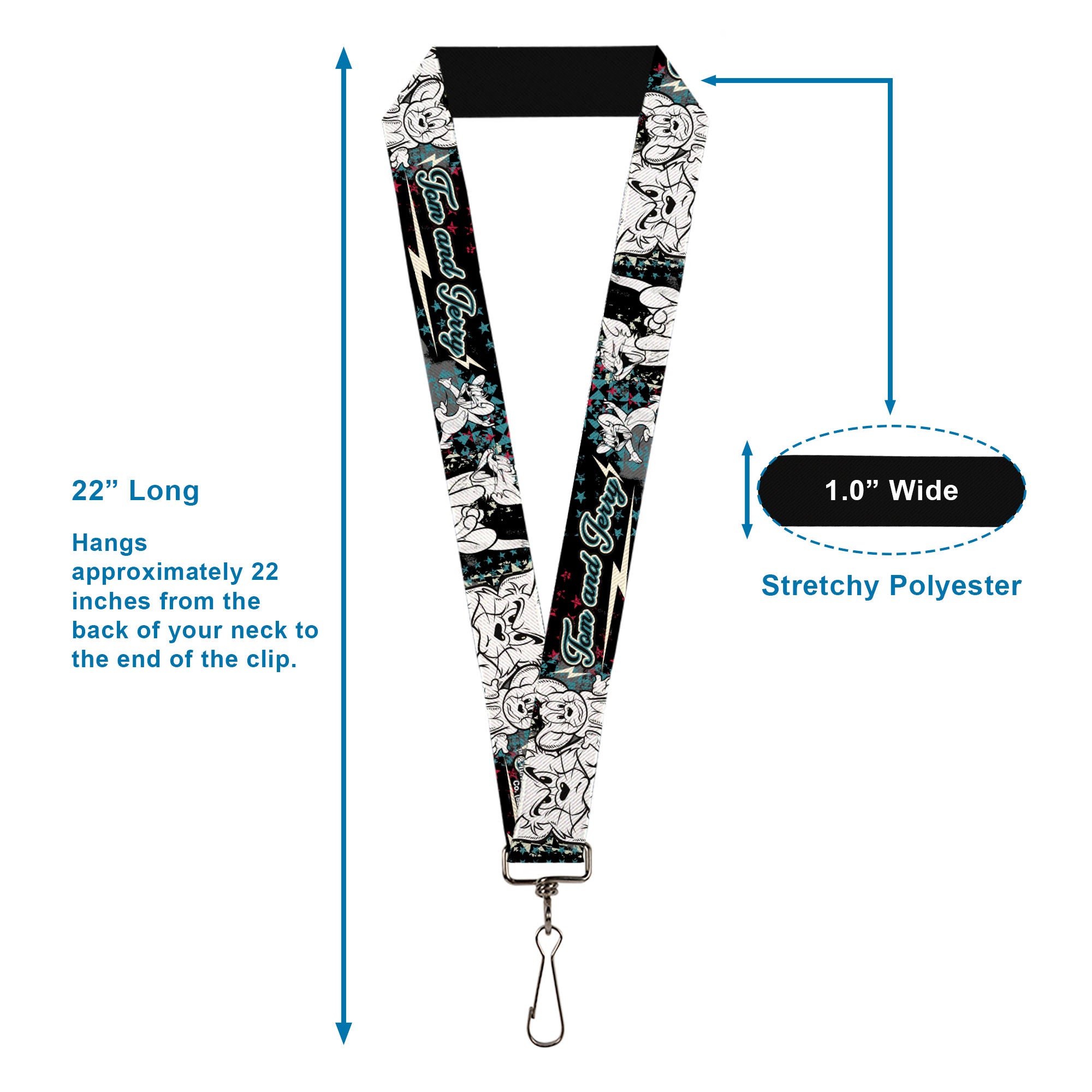 Lanyard - 1.0" - TOM & JERRY Face & Pose Sketch Black White Red Blue Lanyards Tom and Jerry