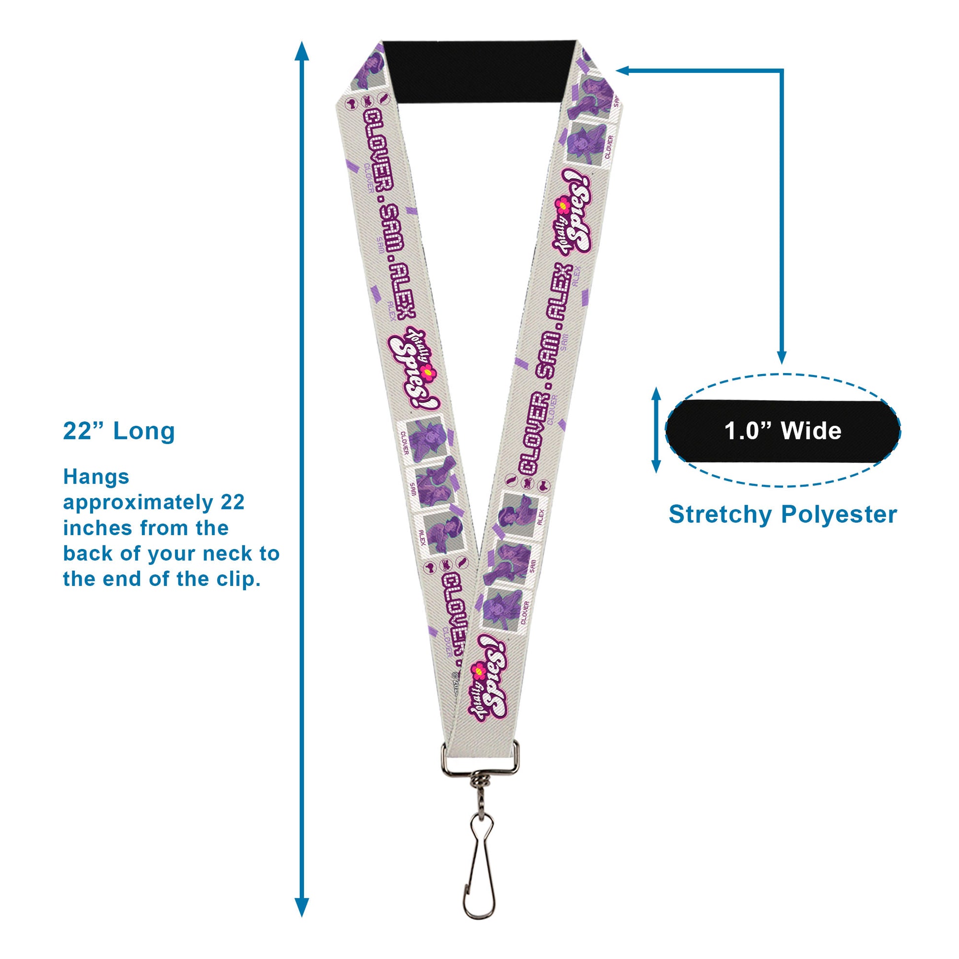 Lanyard - 1.0" - TOTALLY SPIES CLOVER SAM ALEX Pose Blocks and Text White/Purple/Blue Lanyards Totally Spies!