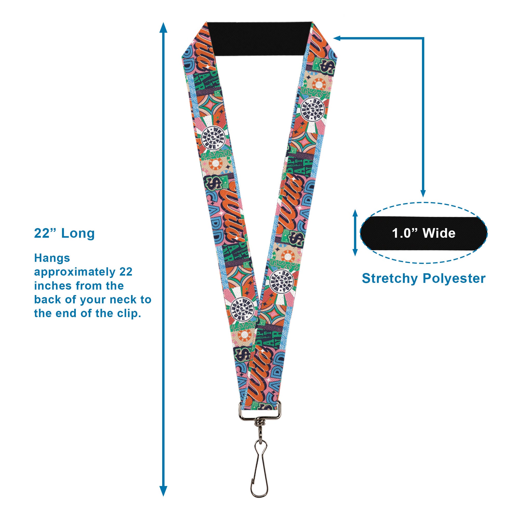 Lanyard - 1.0" - WHEEL OF FORTUNE Logo and WILD CARD Collage Multi Color Lanyards Wheel of Fortune
