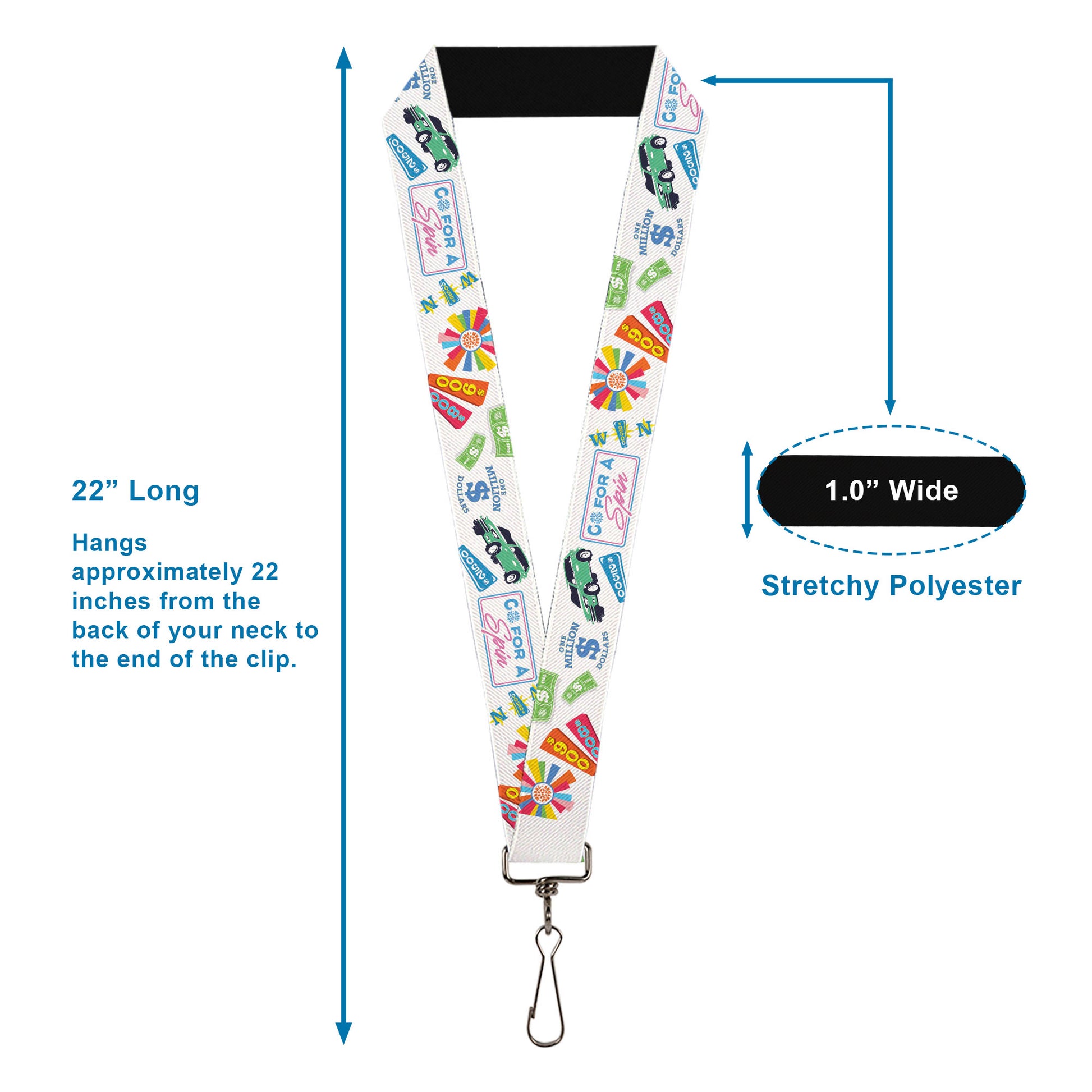 Lanyard - 1.0" - Wheel of Fortune GO FOR A SPIN Prize Collage White/Multi Color Lanyards Wheel of Fortune