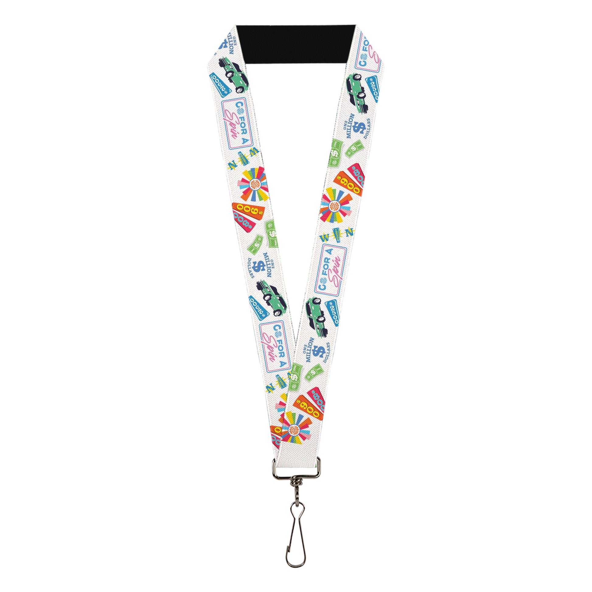 Lanyard - 1.0" - Wheel of Fortune GO FOR A SPIN Prize Collage White/Multi Color Lanyards Wheel of Fortune