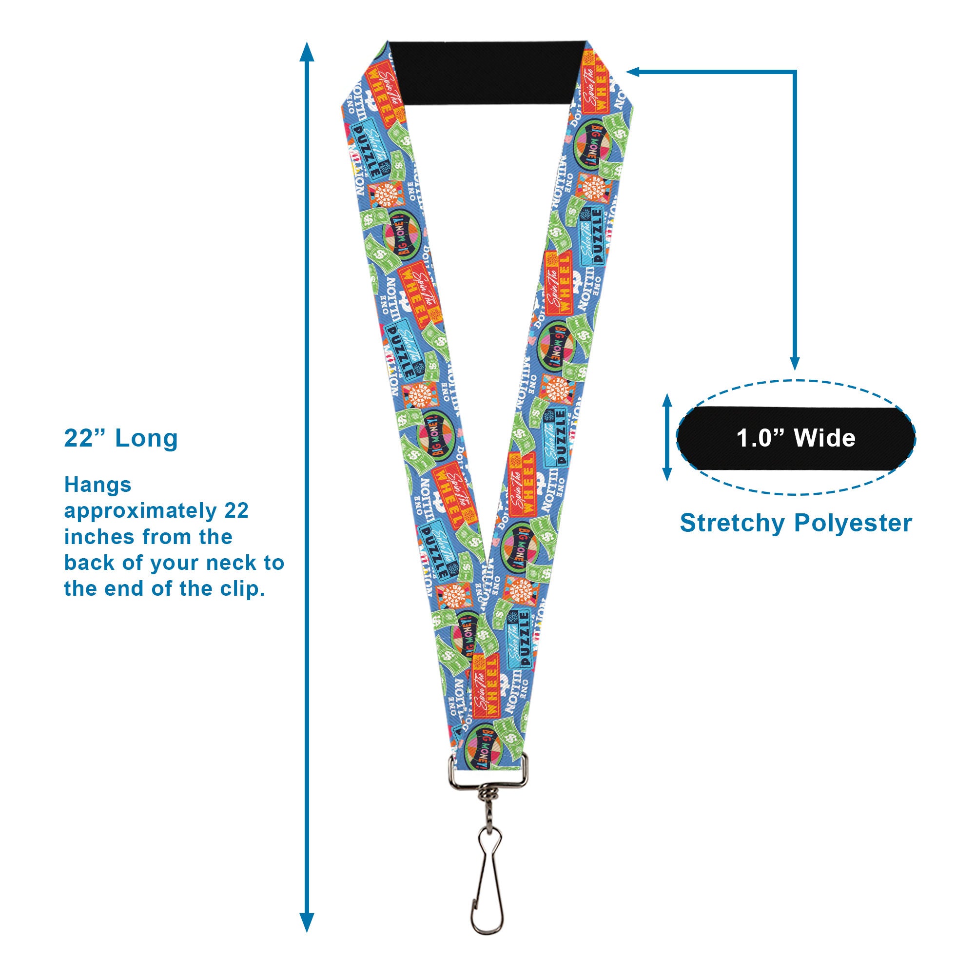 Lanyard - 1.0" - Wheel of Fortune Quotes and Prizes Collage Blue/Multi Color Lanyards Wheel of Fortune