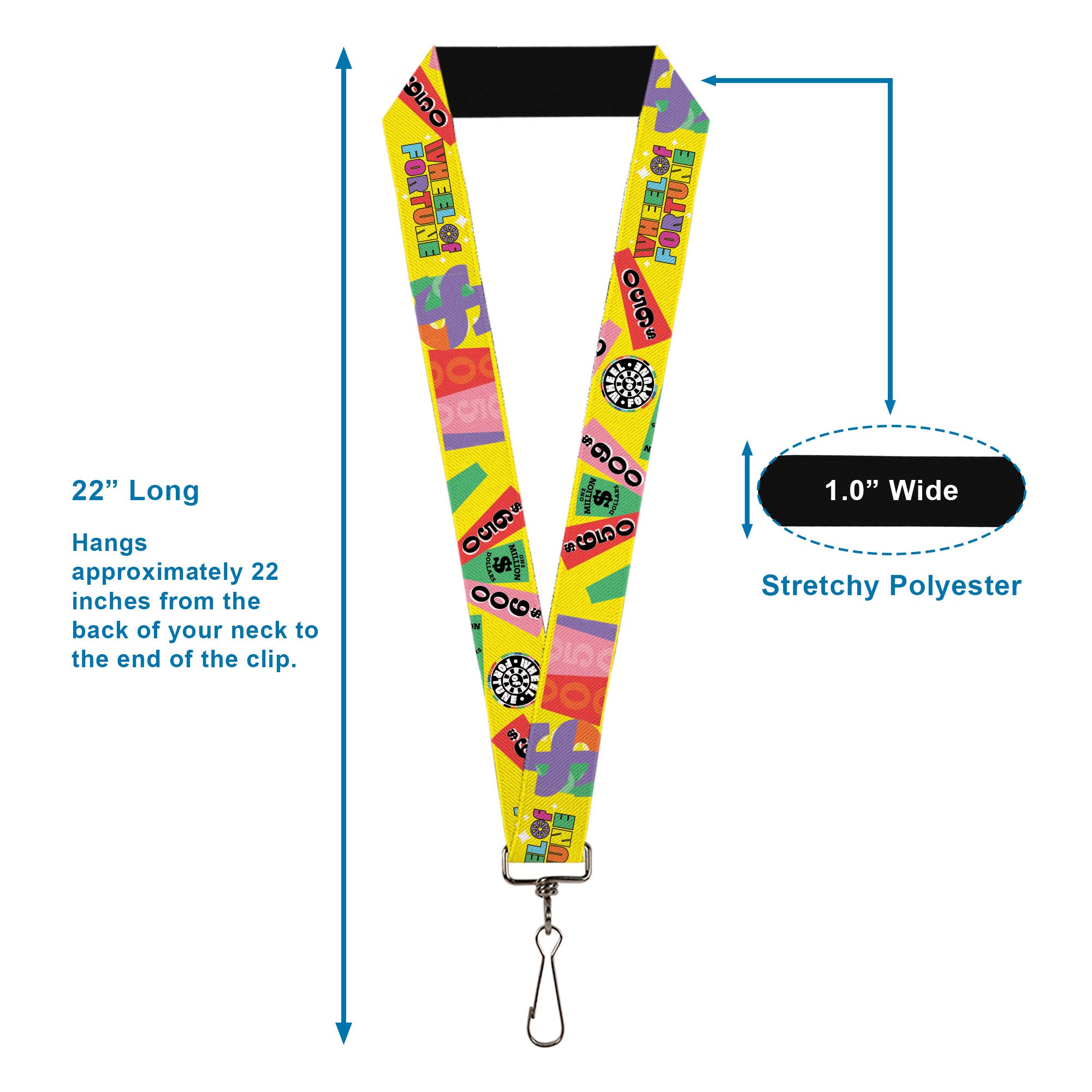Lanyard - 1.0" - WHEEL OF FORTUNE Test and Wedge Collage Yellow/Multi Color Lanyards Wheel of Fortune
