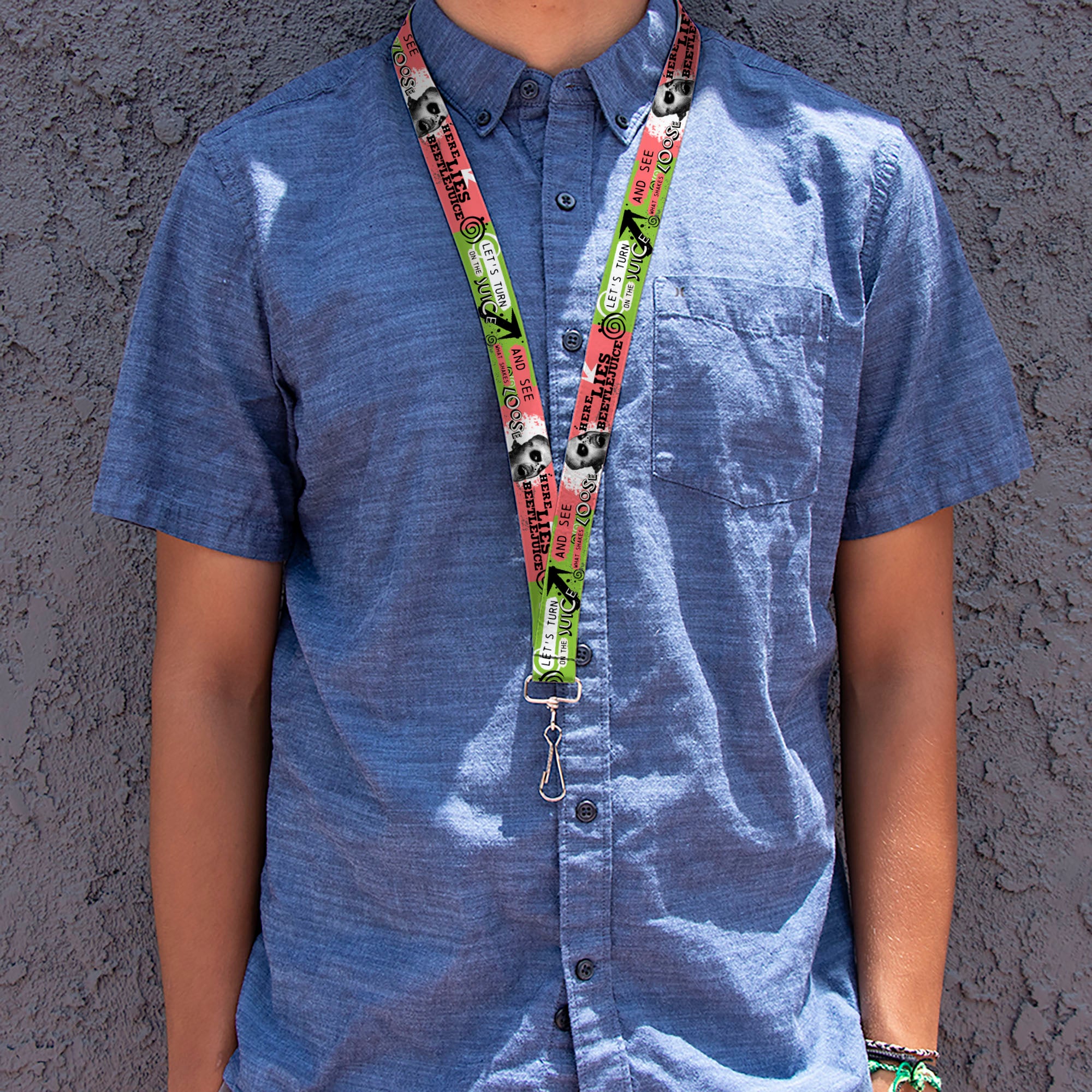 Lanyard - 1.0" - BEETLEJUICE Face and Quotes Collage Pink/Green/Black Lanyards Beetlejuice