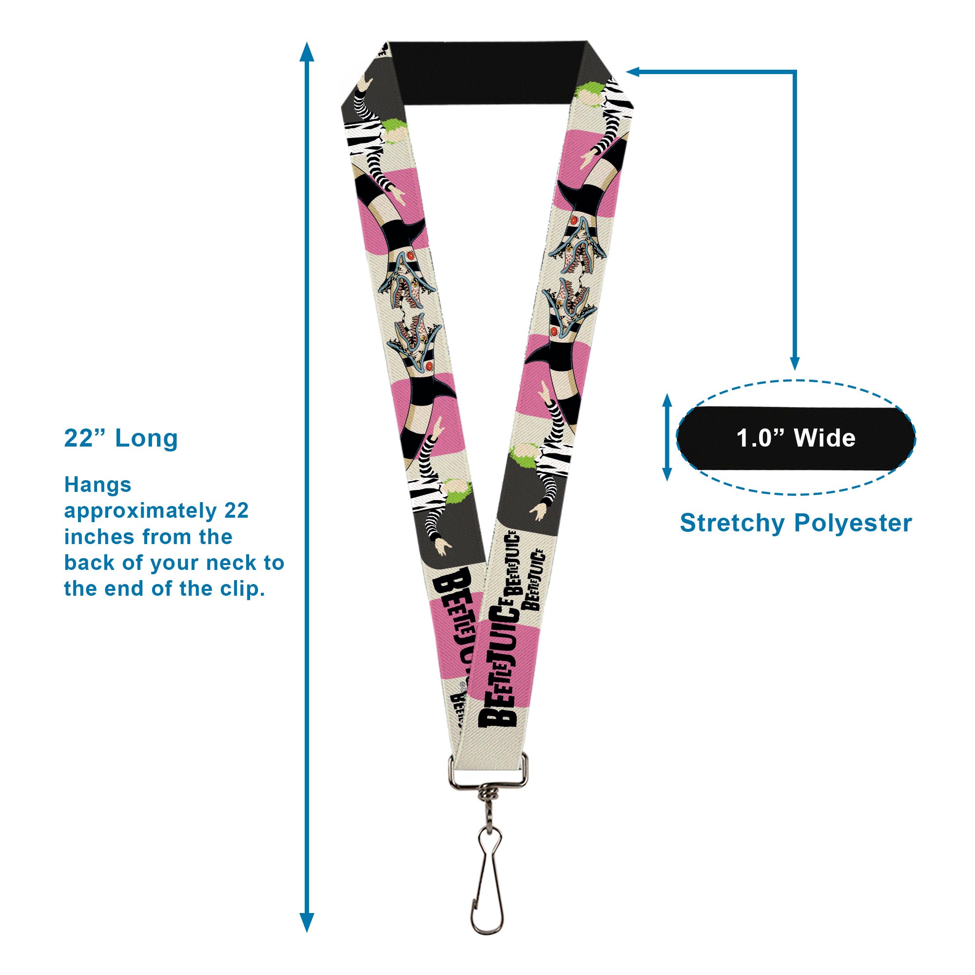 Lanyard - 1.0" - BEETLEJUICE Pose and Sandworm Stripe White/Pink/Gray Lanyards Beetlejuice