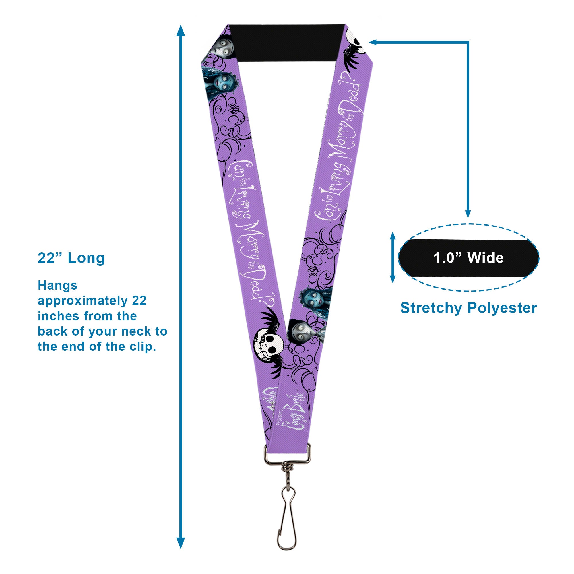 Lanyard - 1.0" - CORPSE BRIDE Victor and Emily LIVING MARRY THE DEAD Pose Lavender/Black Lanyards Corpse Bride
