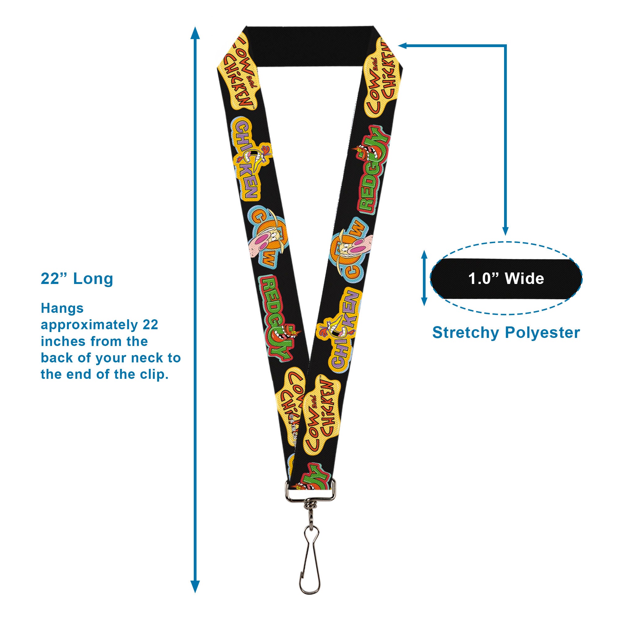Lanyard - 1.0" - COW AND CHICKEN Title Logo and Poses with RED GUY Black Lanyards Cow and Chicken