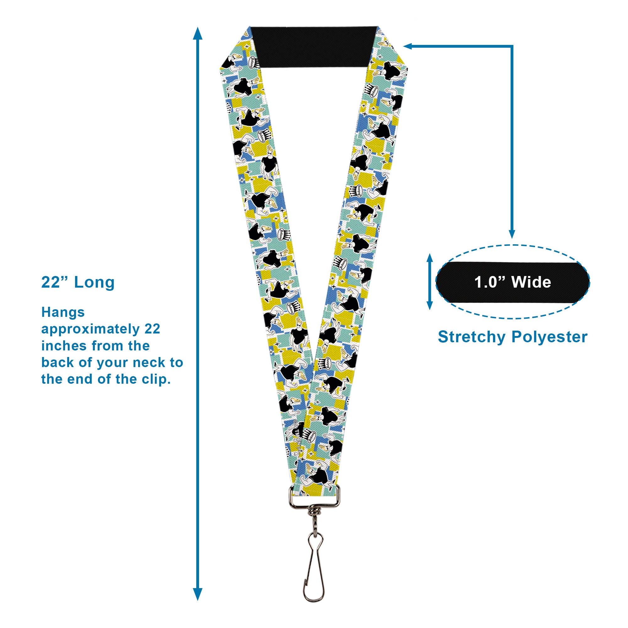 Lanyard - 1.0" - Johnny Bravo Flexing Pose and JOHNNY Icon Collage Blues/Yellows Lanyards Johnny Bravo