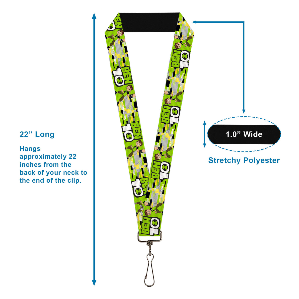 Lanyard - 1.0" - BEN 10 Pose and Title Logo Green/Yellow/Black/White Lanyards Ben 10