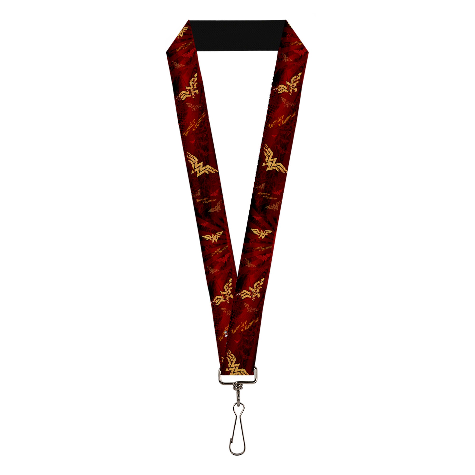 Lanyard - 1.0" - WONDER WOMAN Logo Text Scattered Rays Weathered Burgundy Gold Lanyards DC Comics