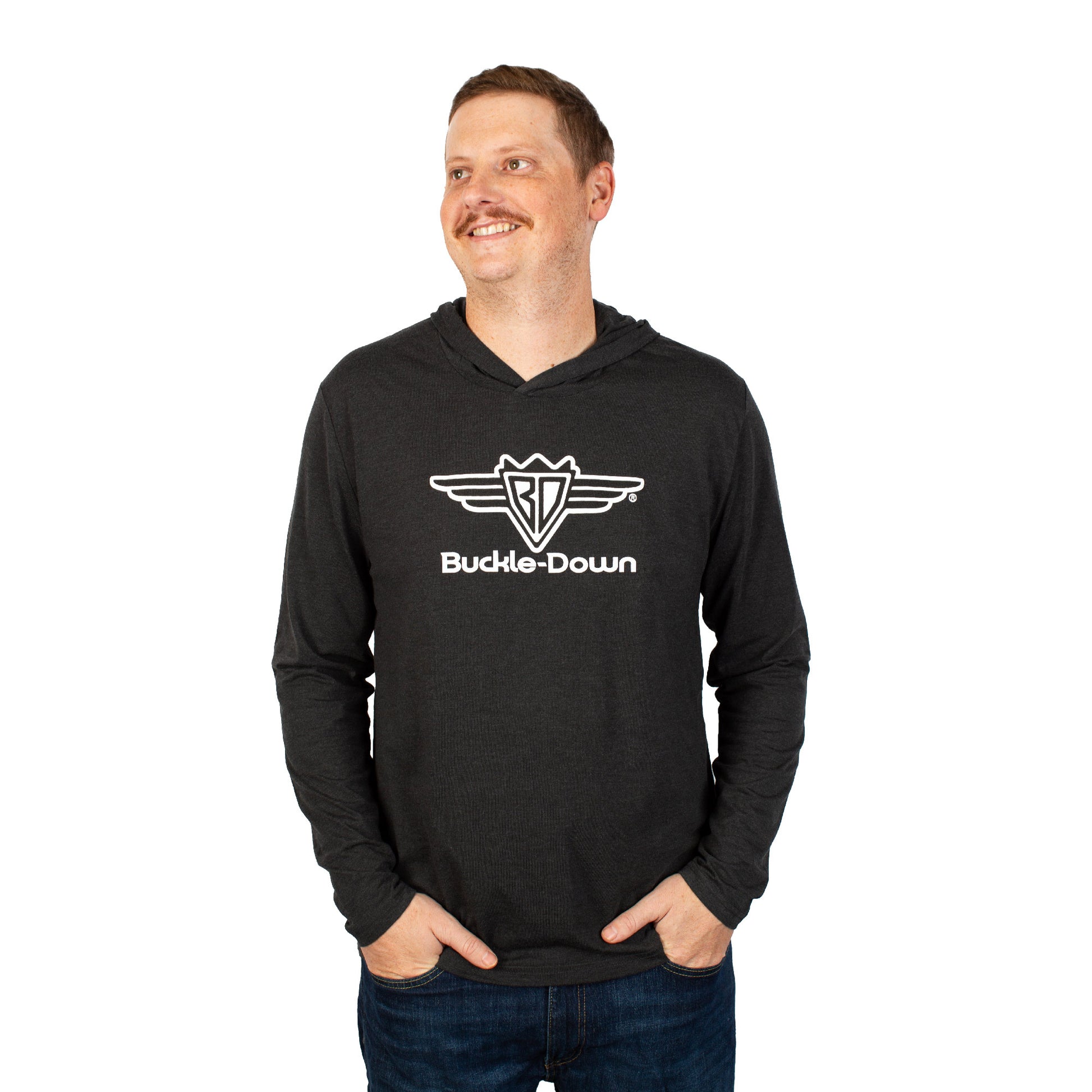 Men's Long Sleeve with Hood Shirt - Buckle-Down Wings with Text Logo Gray/White Apparel Buckle-Down