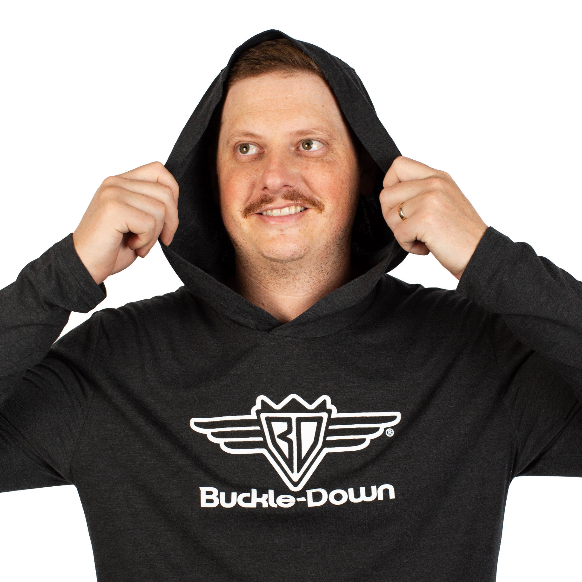 Men's Long Sleeve with Hood Shirt - Buckle-Down Wings with Text Logo Gray/White Apparel Buckle-Down