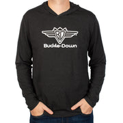 Men's Long Sleeve with Hood Shirt - Buckle-Down Wings with Text Logo Gray/White Apparel Buckle-Down