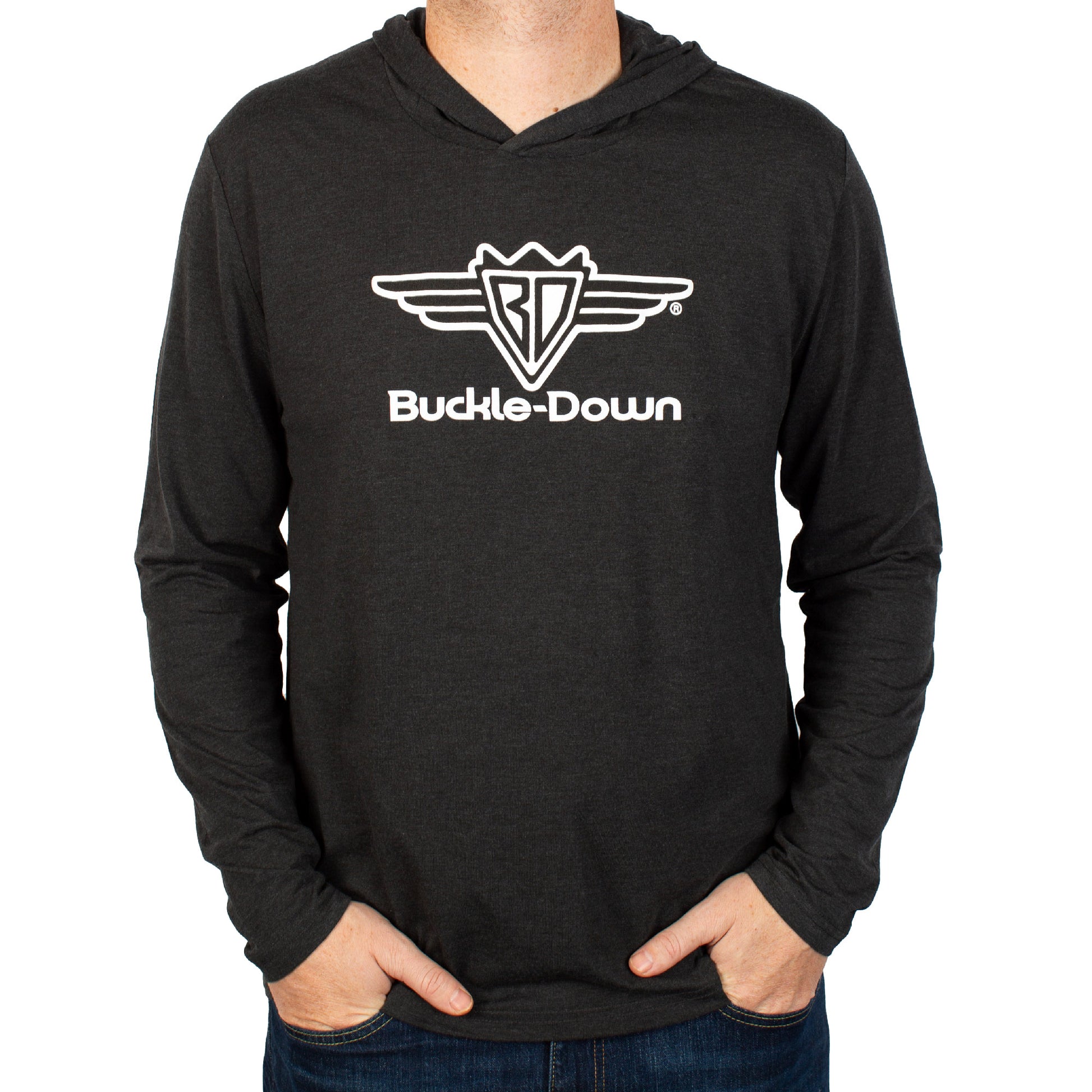 Men's Long Sleeve with Hood Shirt - Buckle-Down Wings with Text Logo Gray/White Apparel Buckle-Down