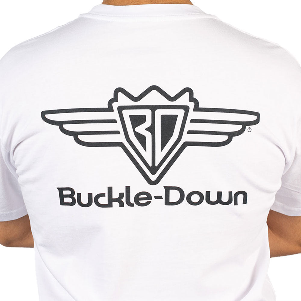 Men's T-Shirt - Buckle-Down Round Wings Logo and Buckle-Down Wings Logo White/Black Apparel Buckle-Down